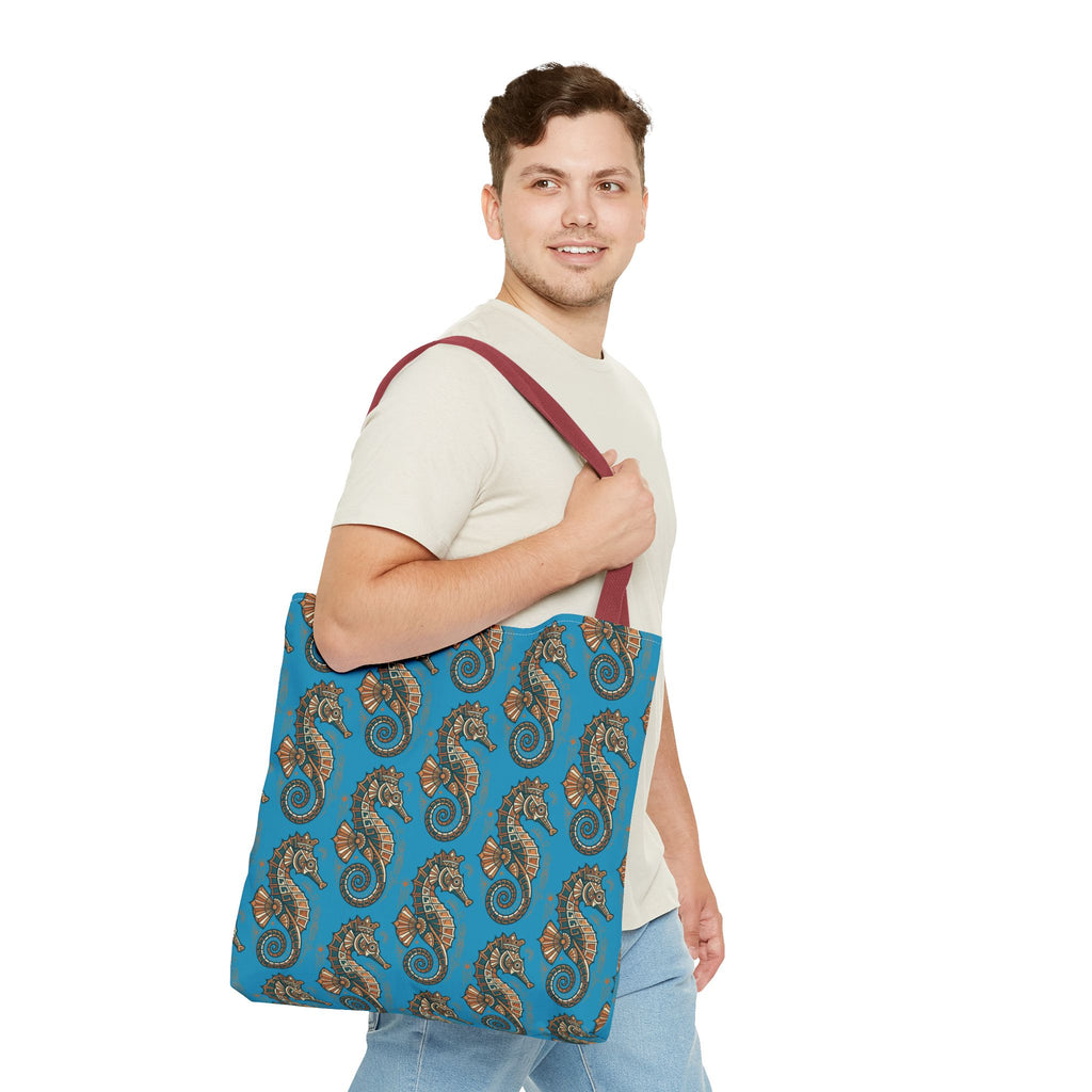 Seahorse pattern tote bag in blue with steampunk seahorses; maroon handles