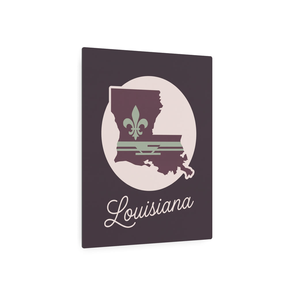 Louisiana metal wall art sign with state silhouette and fleur-de-lis, plum and sage colors