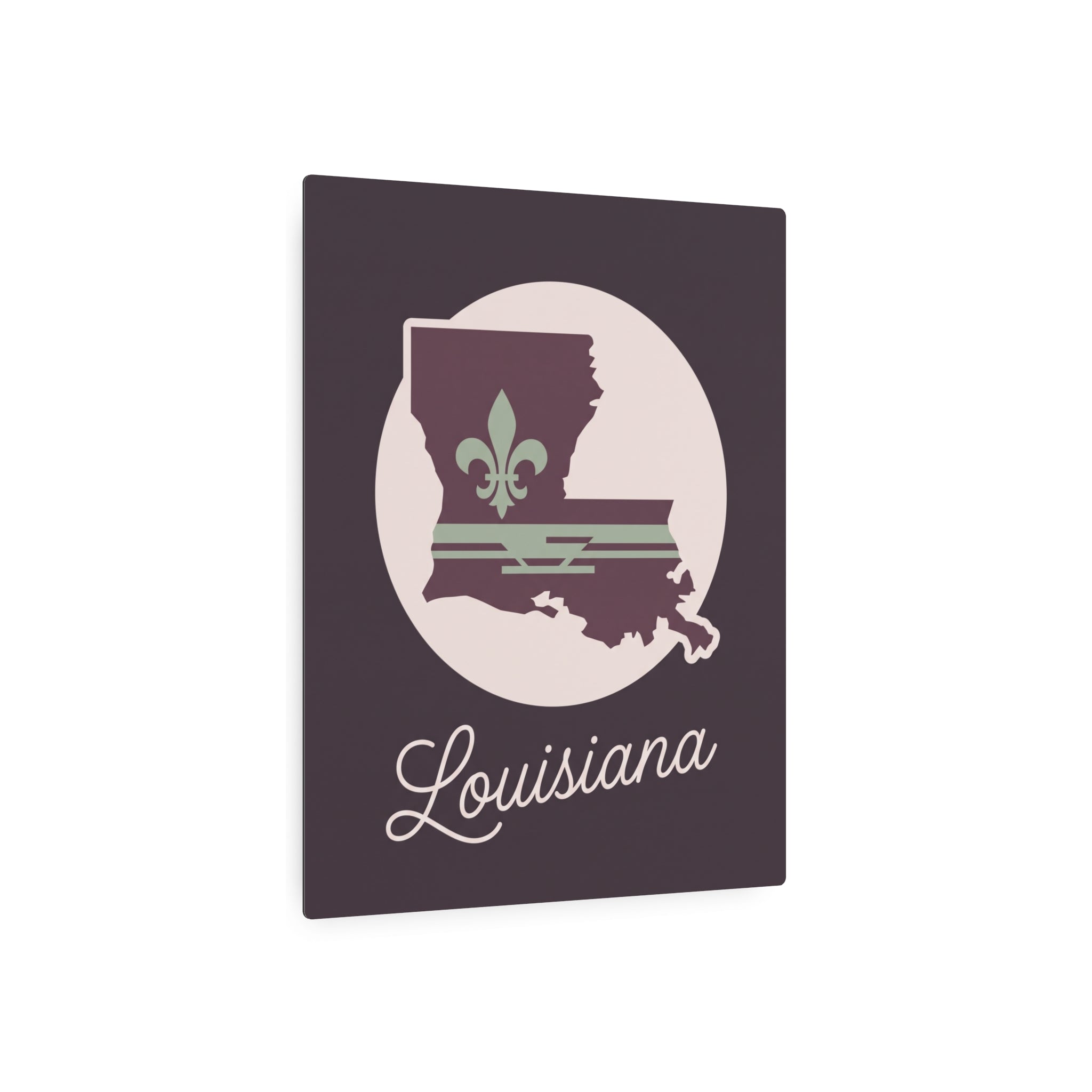 Louisiana metal wall art sign with state silhouette and fleur-de-lis, plum and sage colors