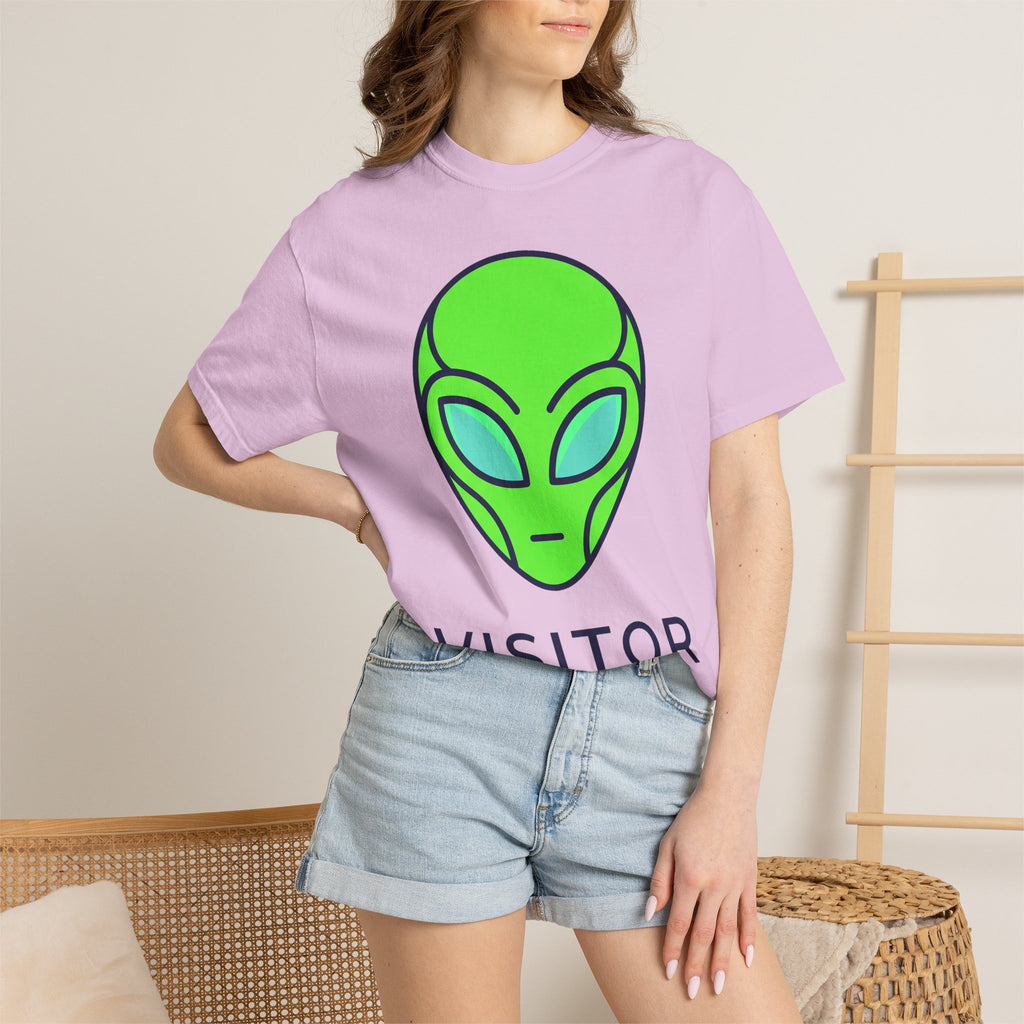 Purple crew-neck alien face graphic T-shirt with partial dark text, short sleeves