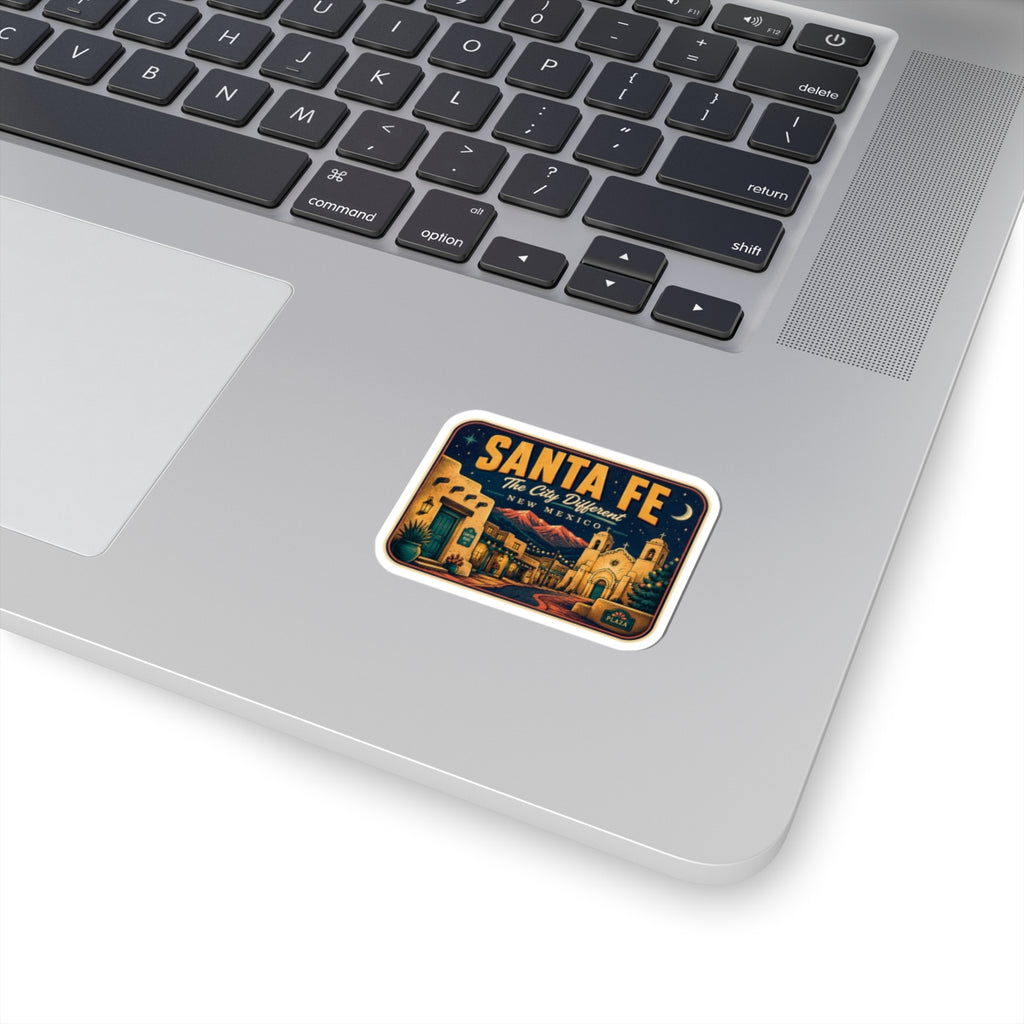 Santa Fe luggage tag sticker with desert city scene and “Santa Fe” text, rounded rectangle.