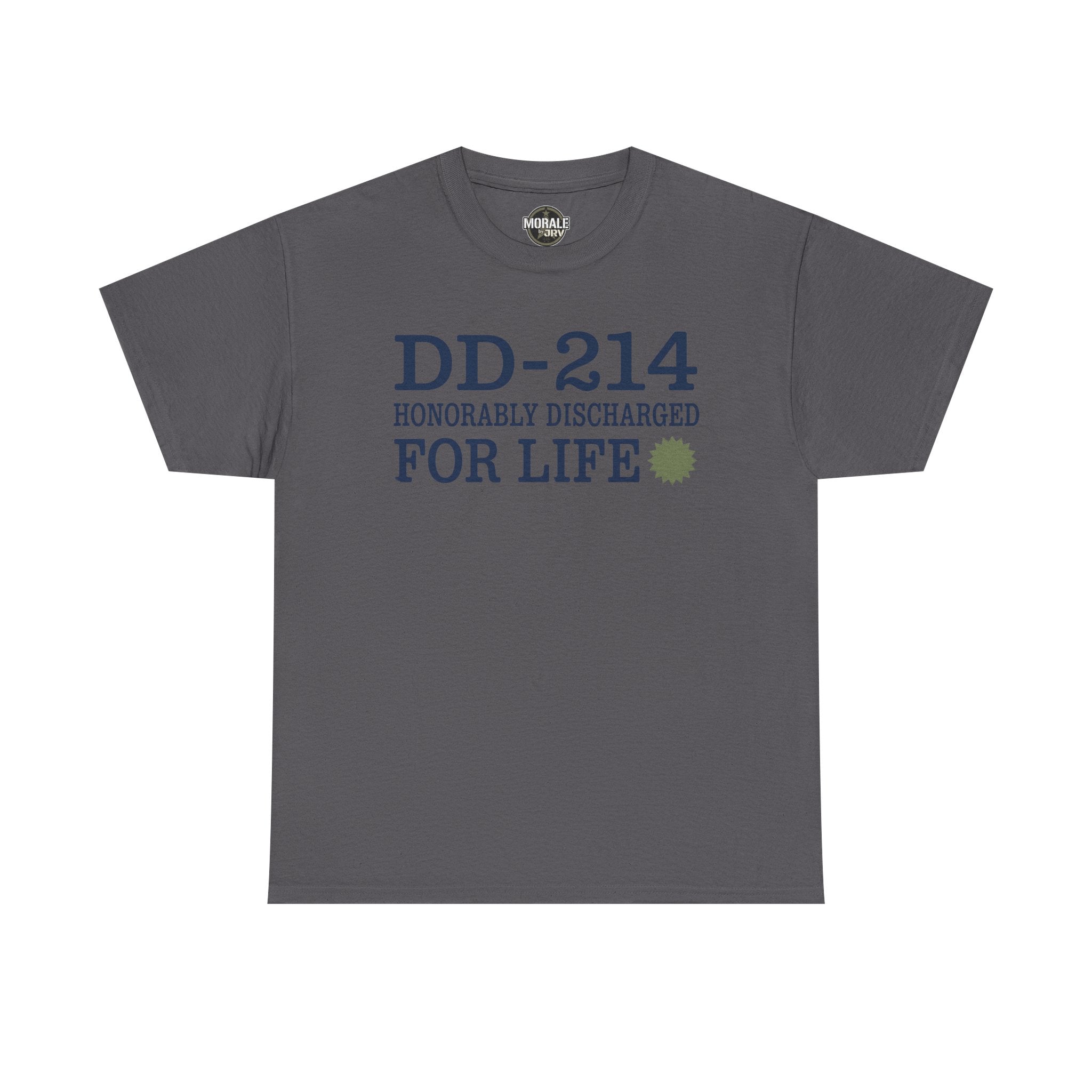 Charcoal T-shirt with DD-214 Honorable Discharged For Life front graphic
