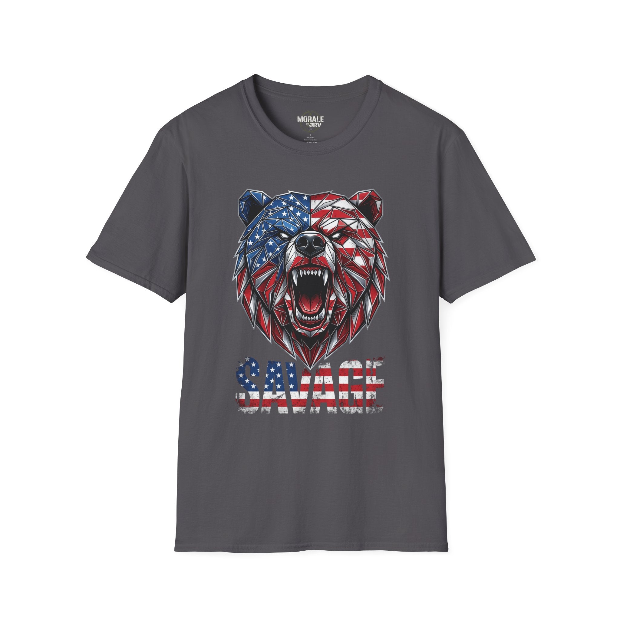 Dark Heather graphic T-shirt with geometric American flag bear head and SAVAGE text