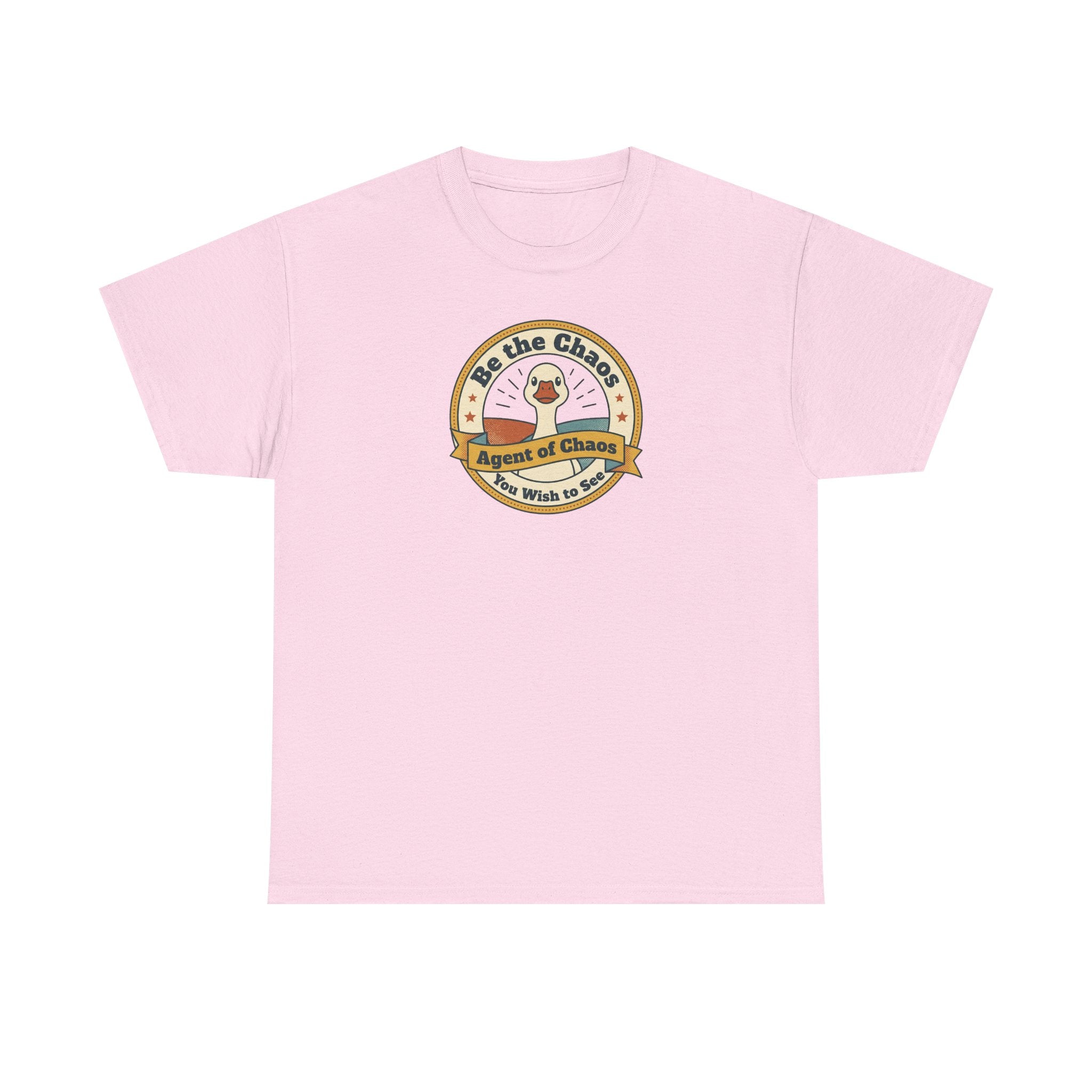 Light pink T-shirt with circular duck emblem graphic on the chest