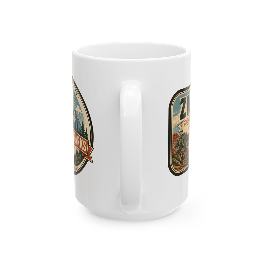 White ceramic mug with two side landscape badges, handle not visible