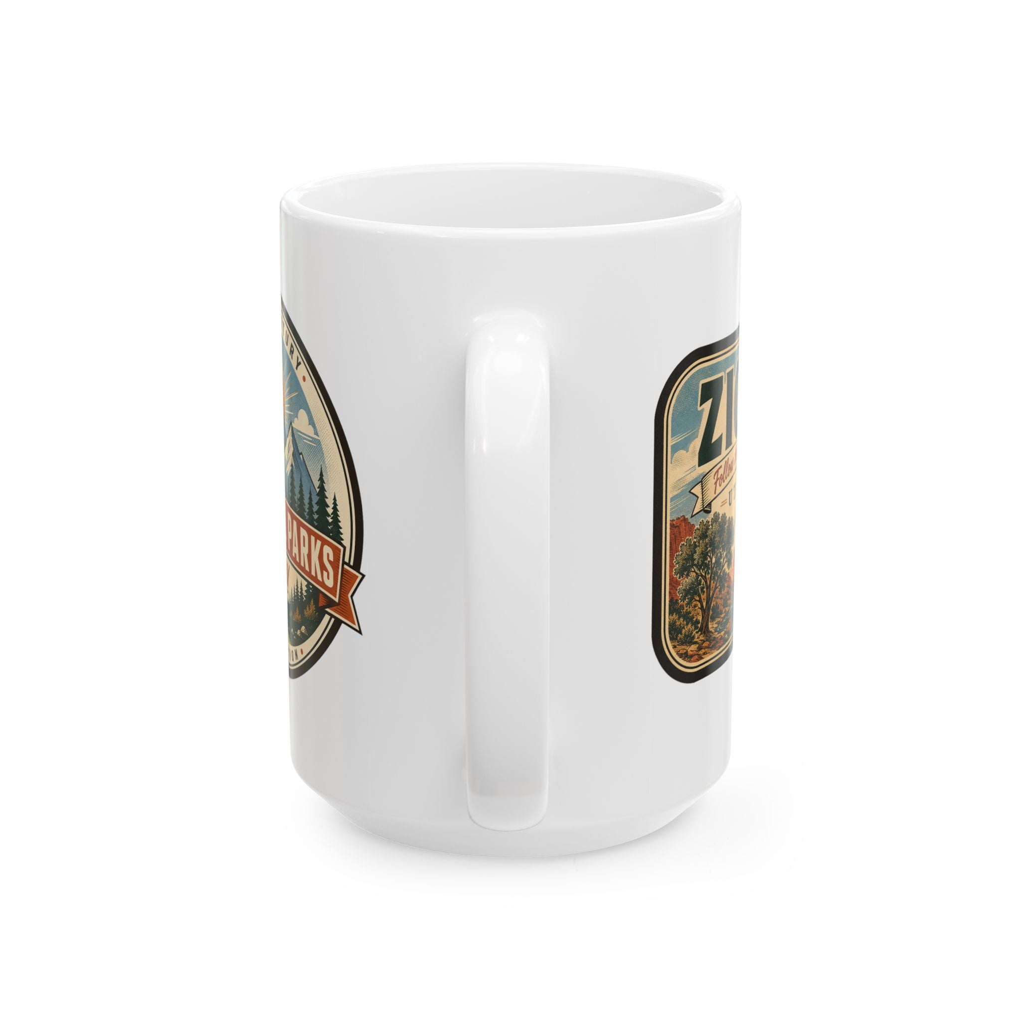 White ceramic mug with two side landscape badges, handle not visible