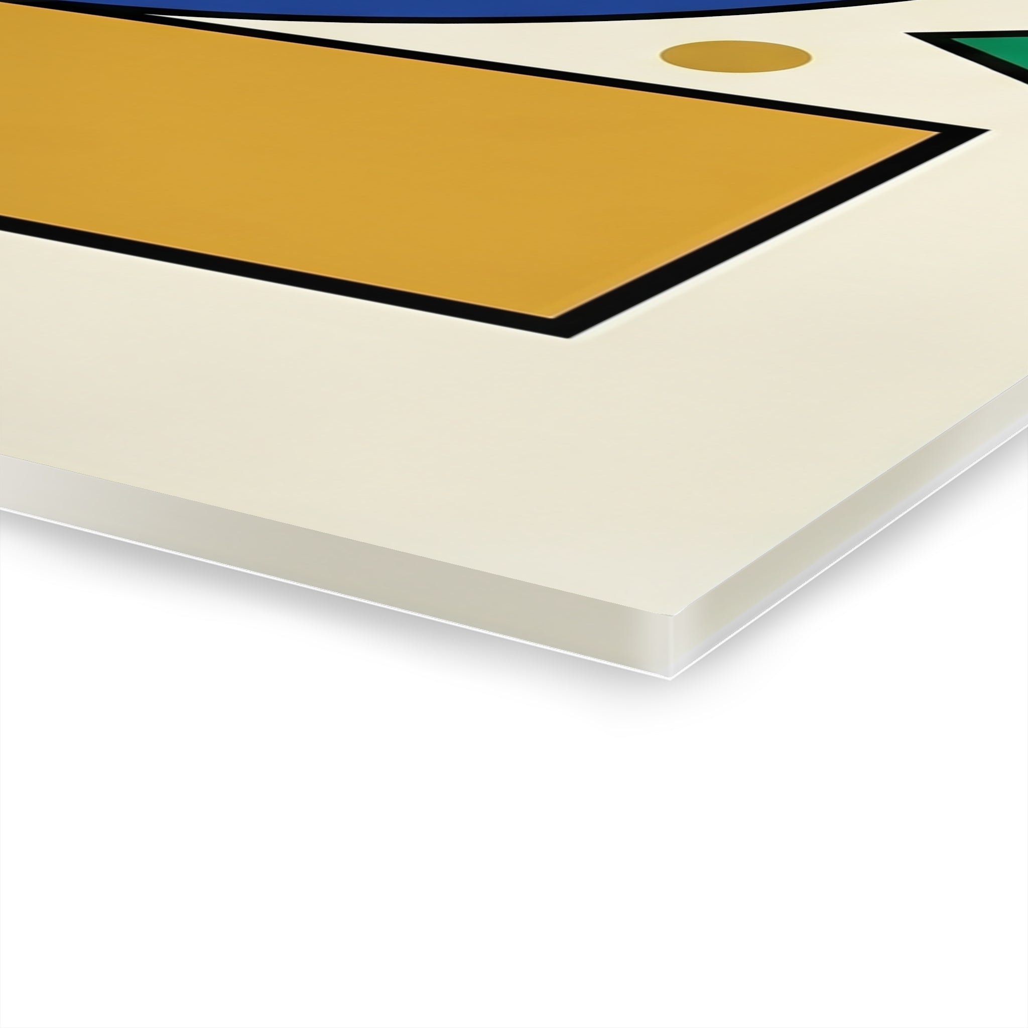 Corner close-up of stacked wall art print with cream border and yellow geometric shape