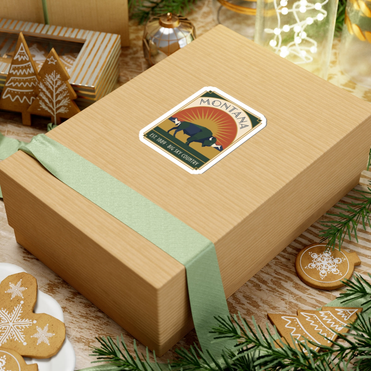 Montana buffalo vinyl sticker on gift box lid, framed sunburst buffalo badge