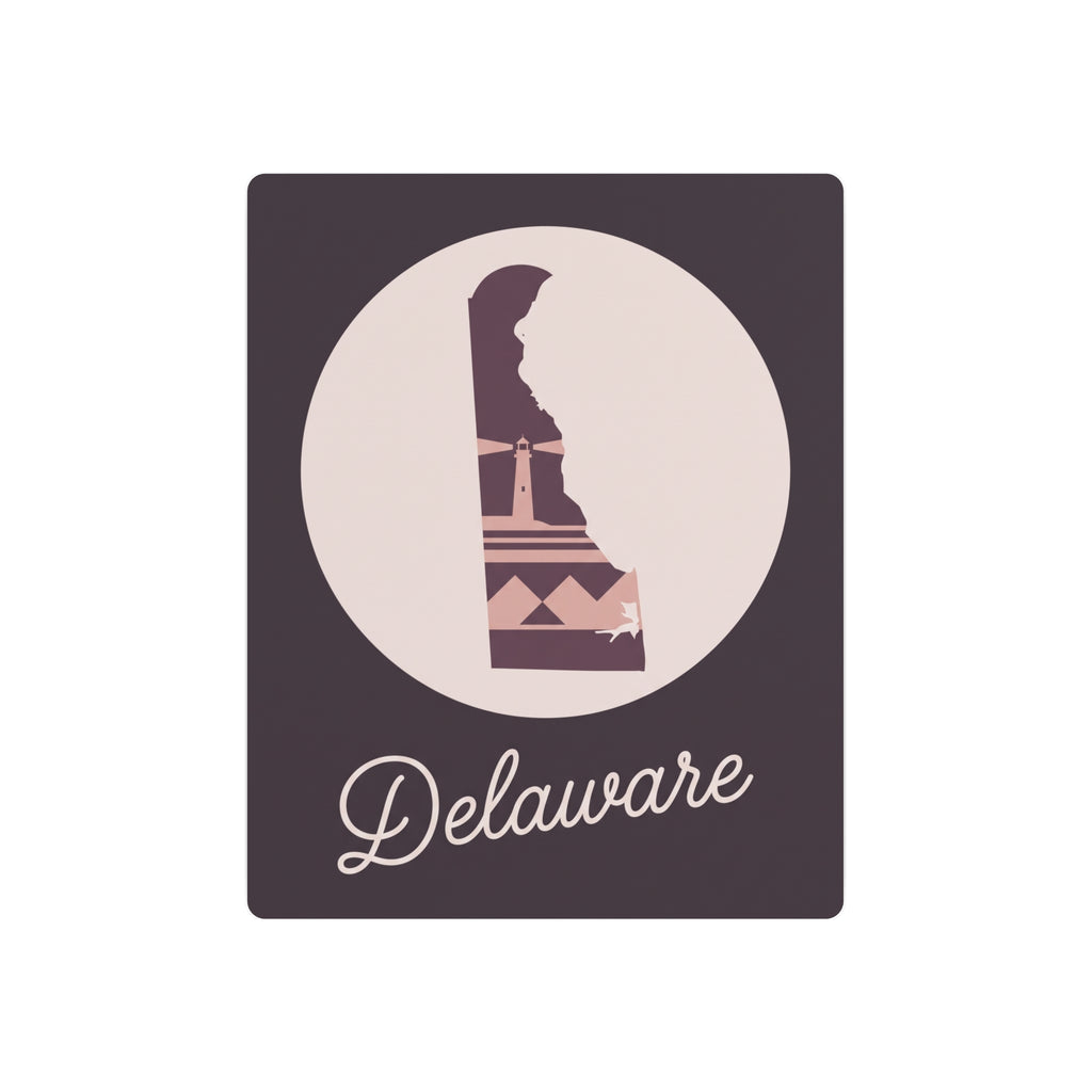 Mauve metal wall art sign with circular Delaware silhouette and script word