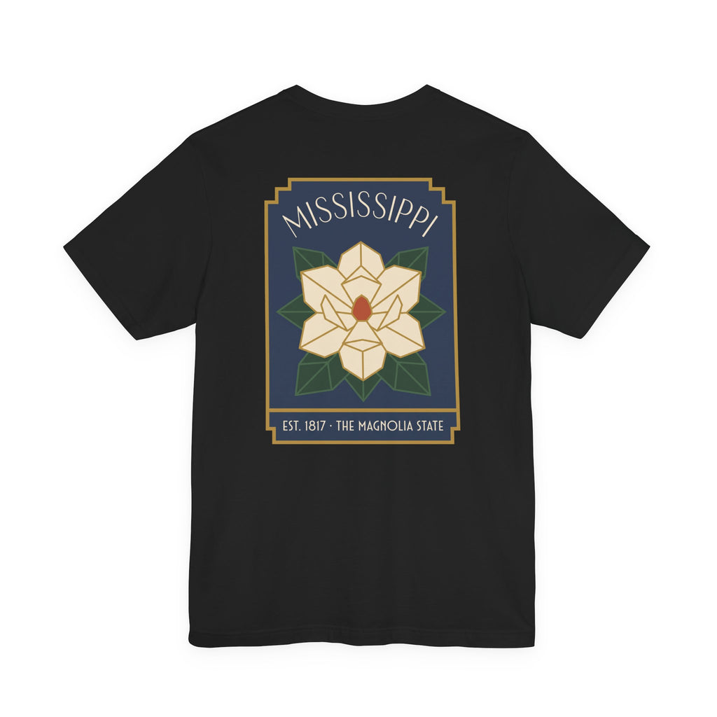 Black T-shirt with large back magnolia state graphic print