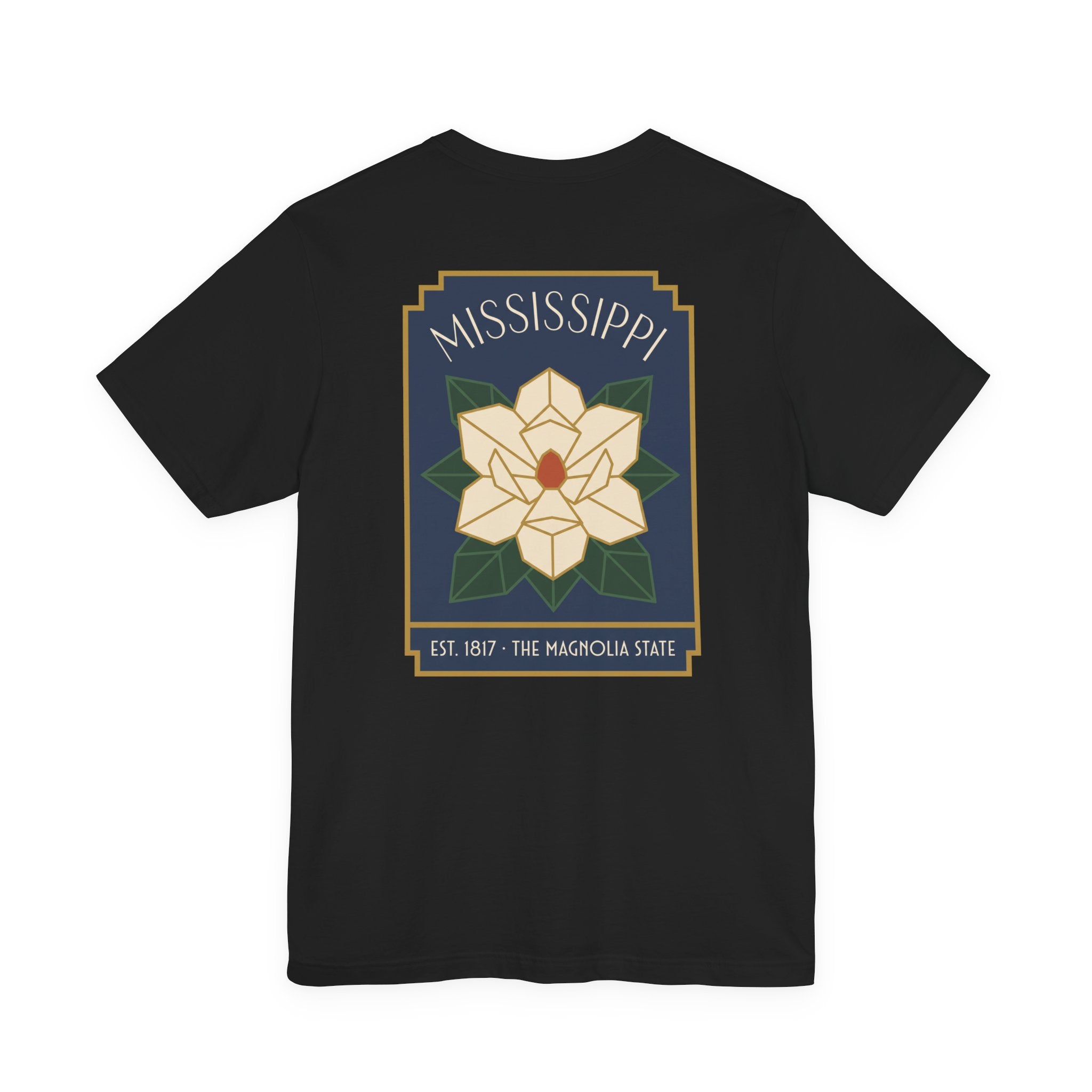 Black T-shirt with large back magnolia state graphic print