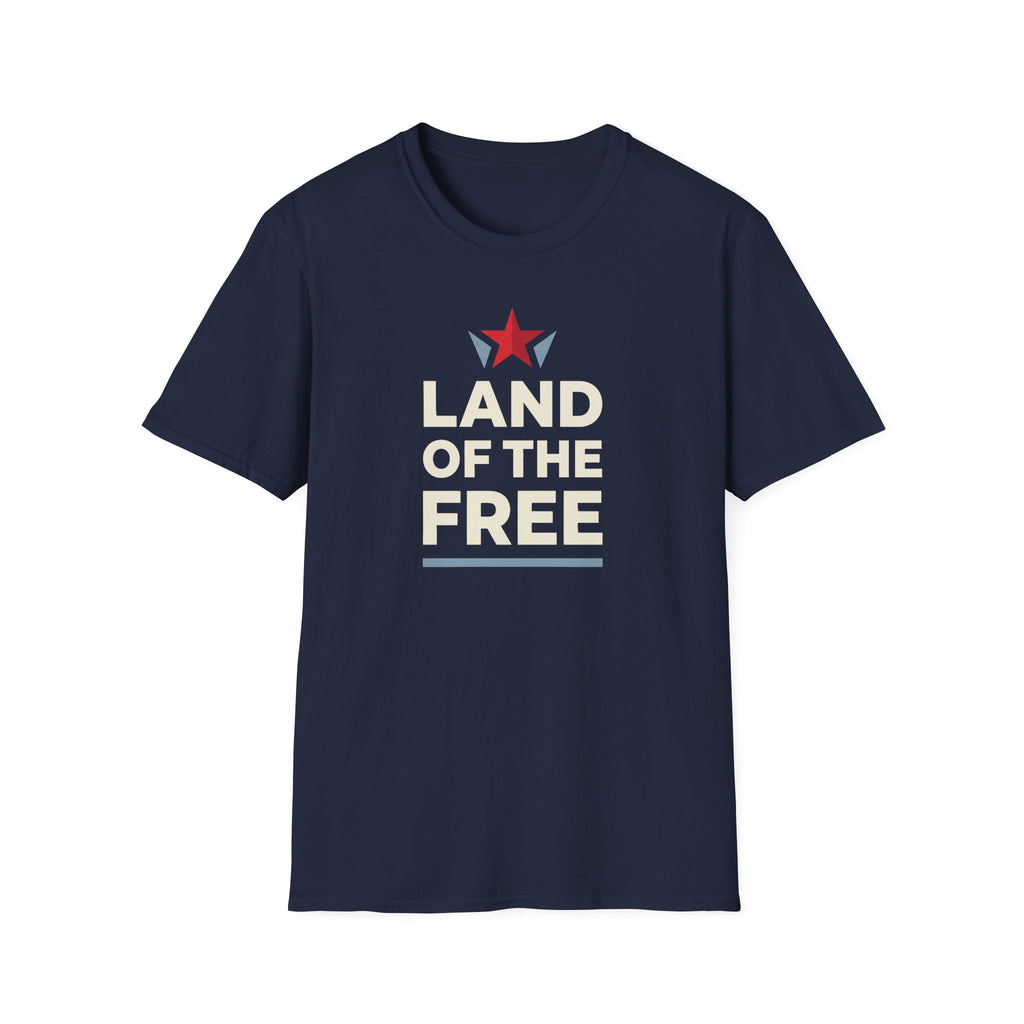 Navy T-shirt with red star graphic and white Land of the Free lettering