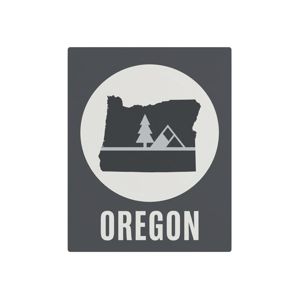 Rustic Oregon metal wall sign, dark gray square with white circle, tree-and-tent graphic and OREGON