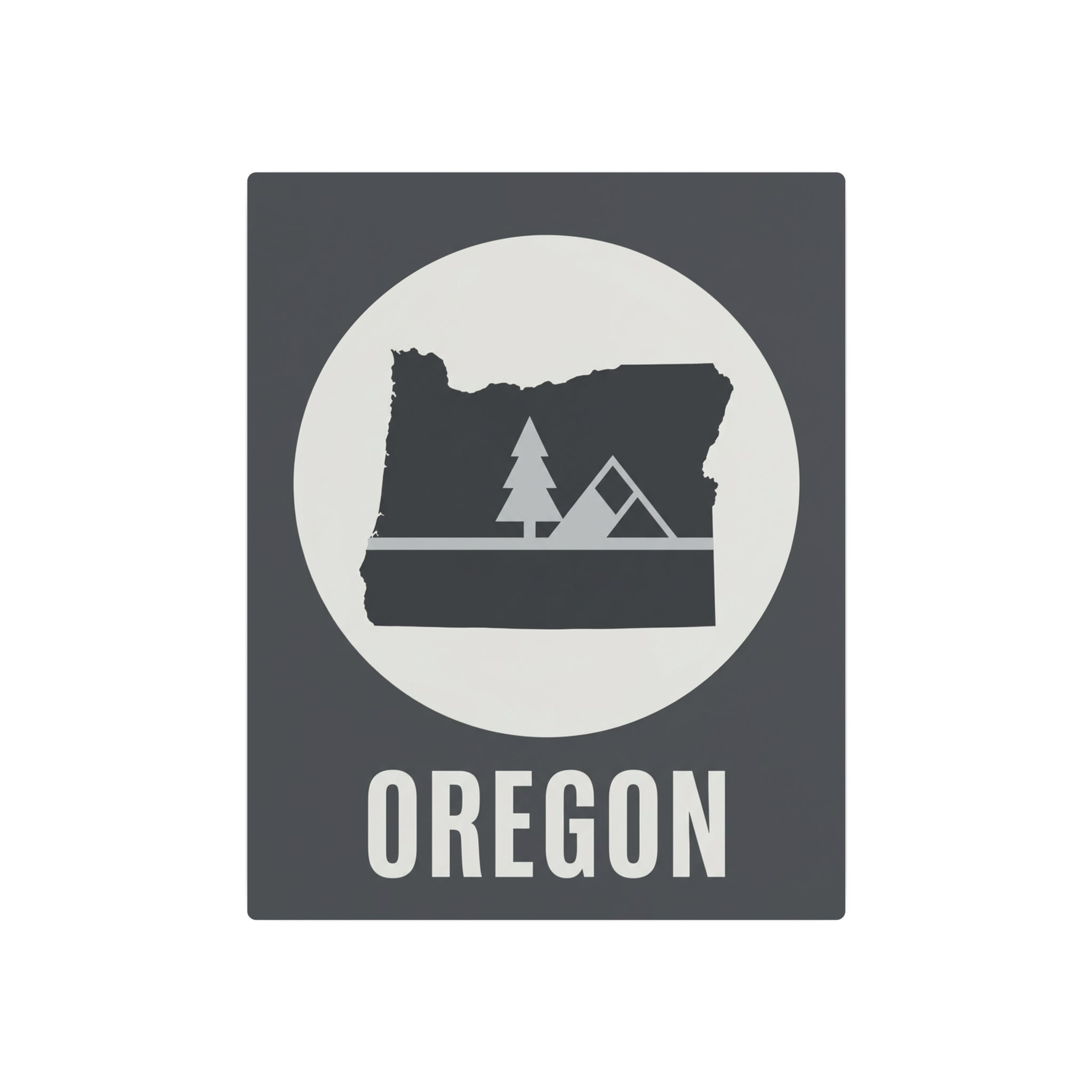 Rustic Oregon metal wall sign, dark gray square with white circle, tree-and-tent graphic and OREGON