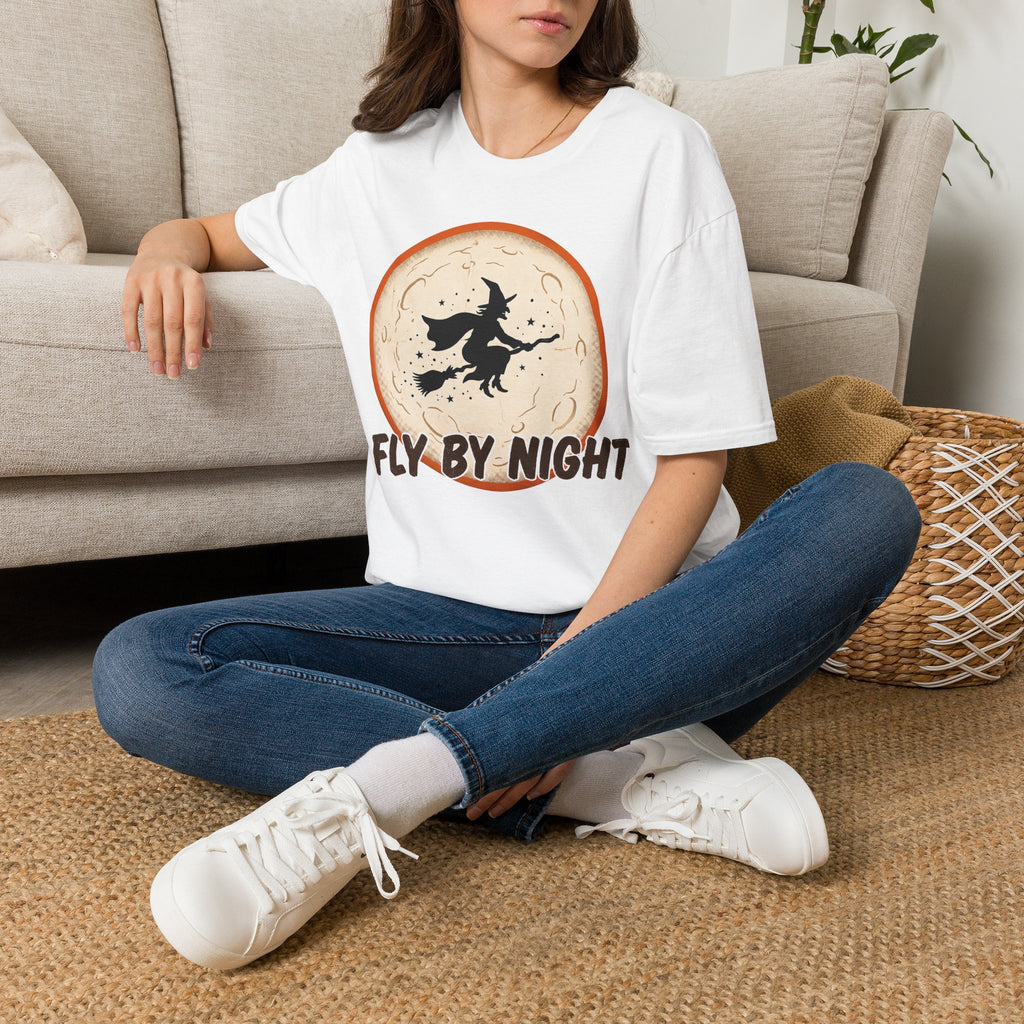 White Fly By Night t-shirt with witch silhouette graphic and orange circle front print