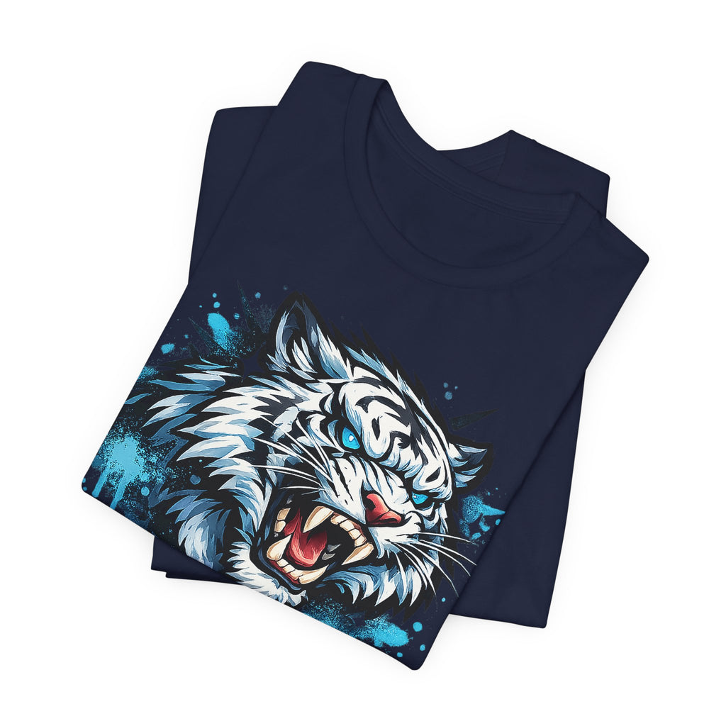 Navy unisex T-shirt with roaring tiger head graphic and blue splash accents