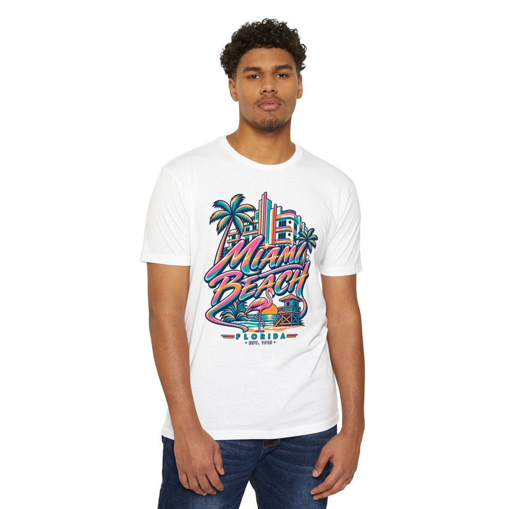 White crewneck T-shirt on model with colorful Miami Beach graphic, palm trees and lifeguard tower