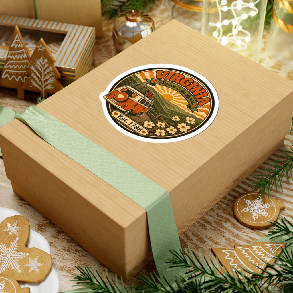 Round sticker of a vintage orange van with flowers and “Est. 1788” on a gift box
