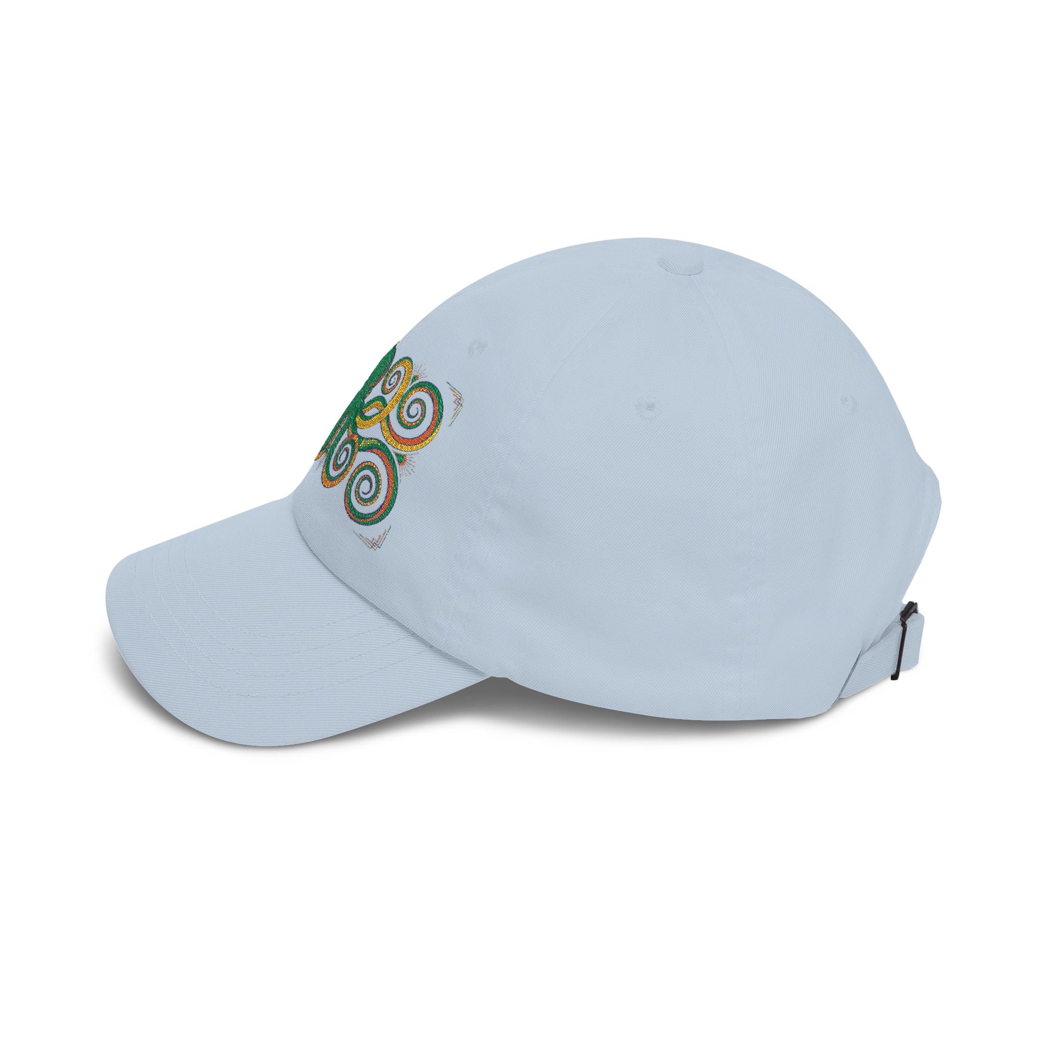 Light blue dad cap with green-and-gold embroidered swirl on side