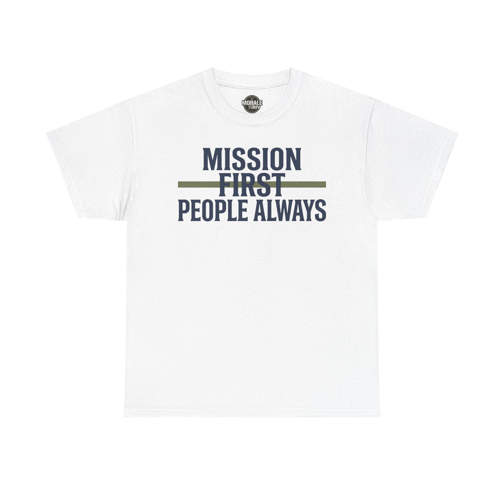 White T-shirt with “Mission First People Always” slogan graphic at chest
