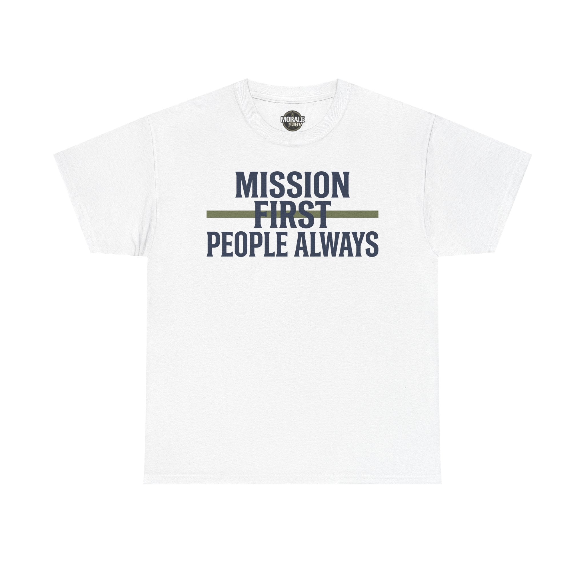 White T-shirt with “Mission First People Always” slogan graphic at chest