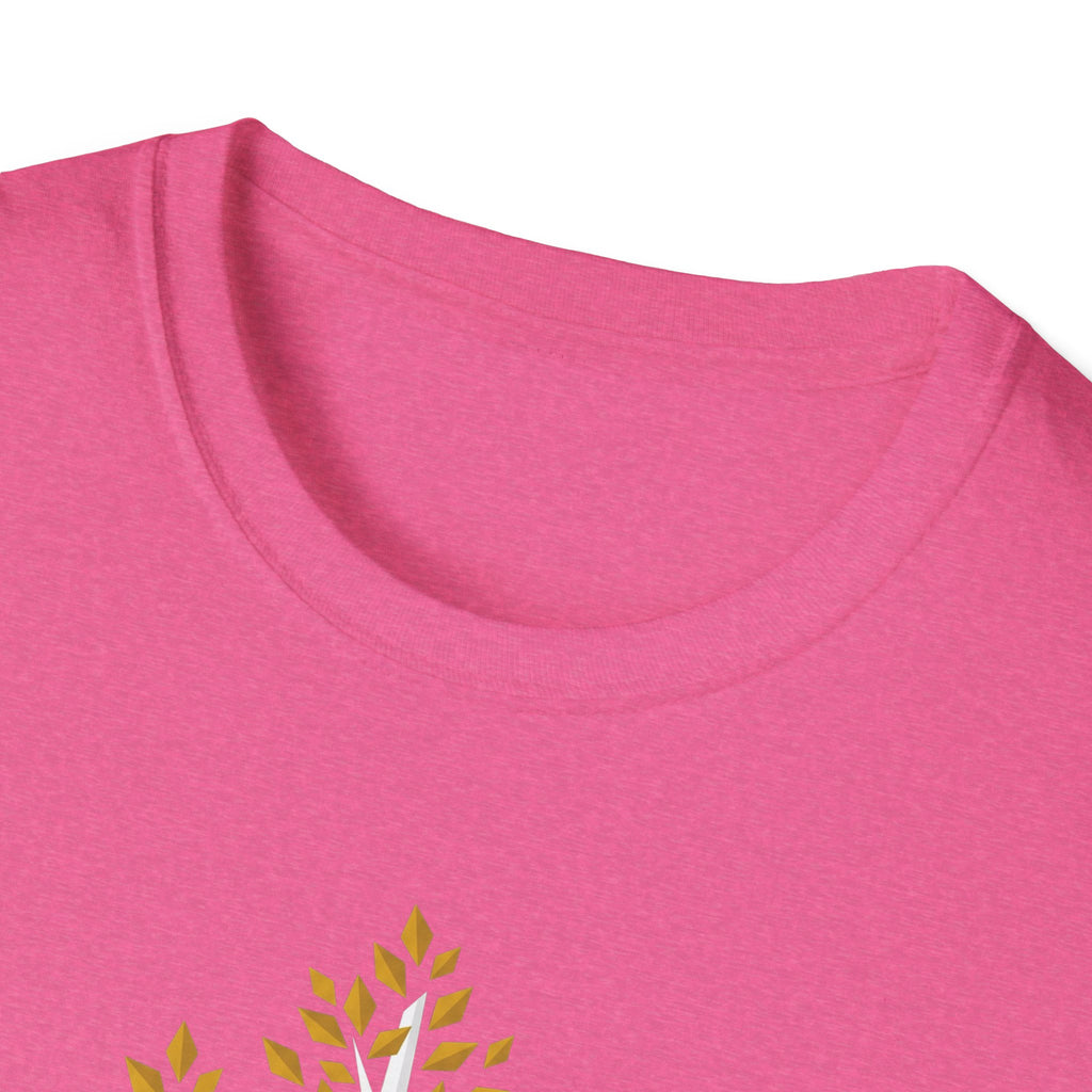 Pink T-shirt close-up of the crew neck and partial autumn leaf tree graphic