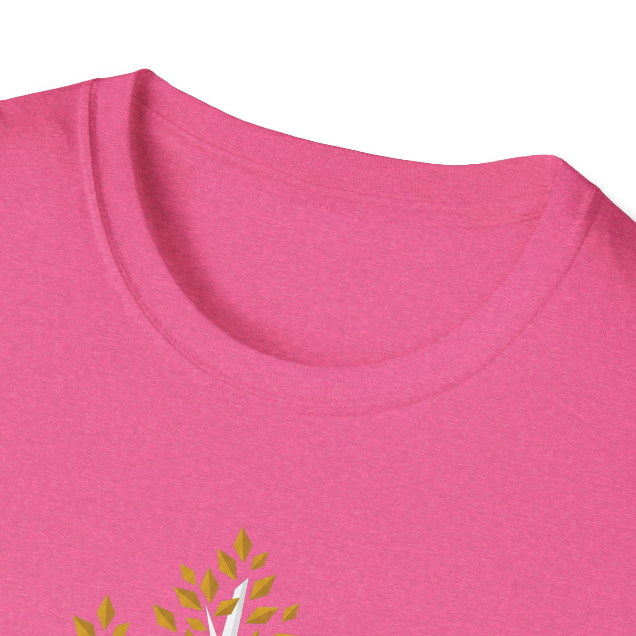 Pink T-shirt close-up of the crew neck and partial autumn leaf tree graphic