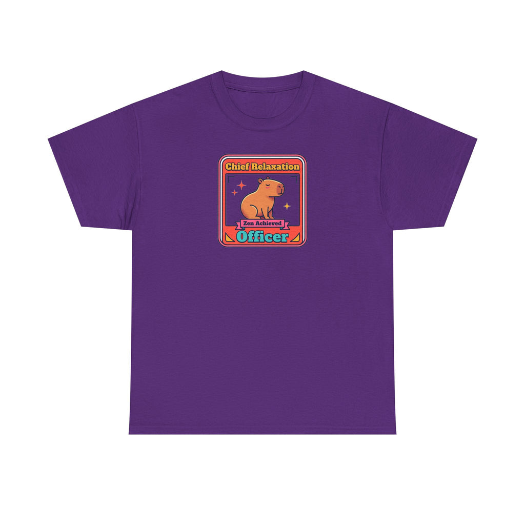 Purple t-shirt with framed capybara graphic reading “Chief Relaxation Officer”.