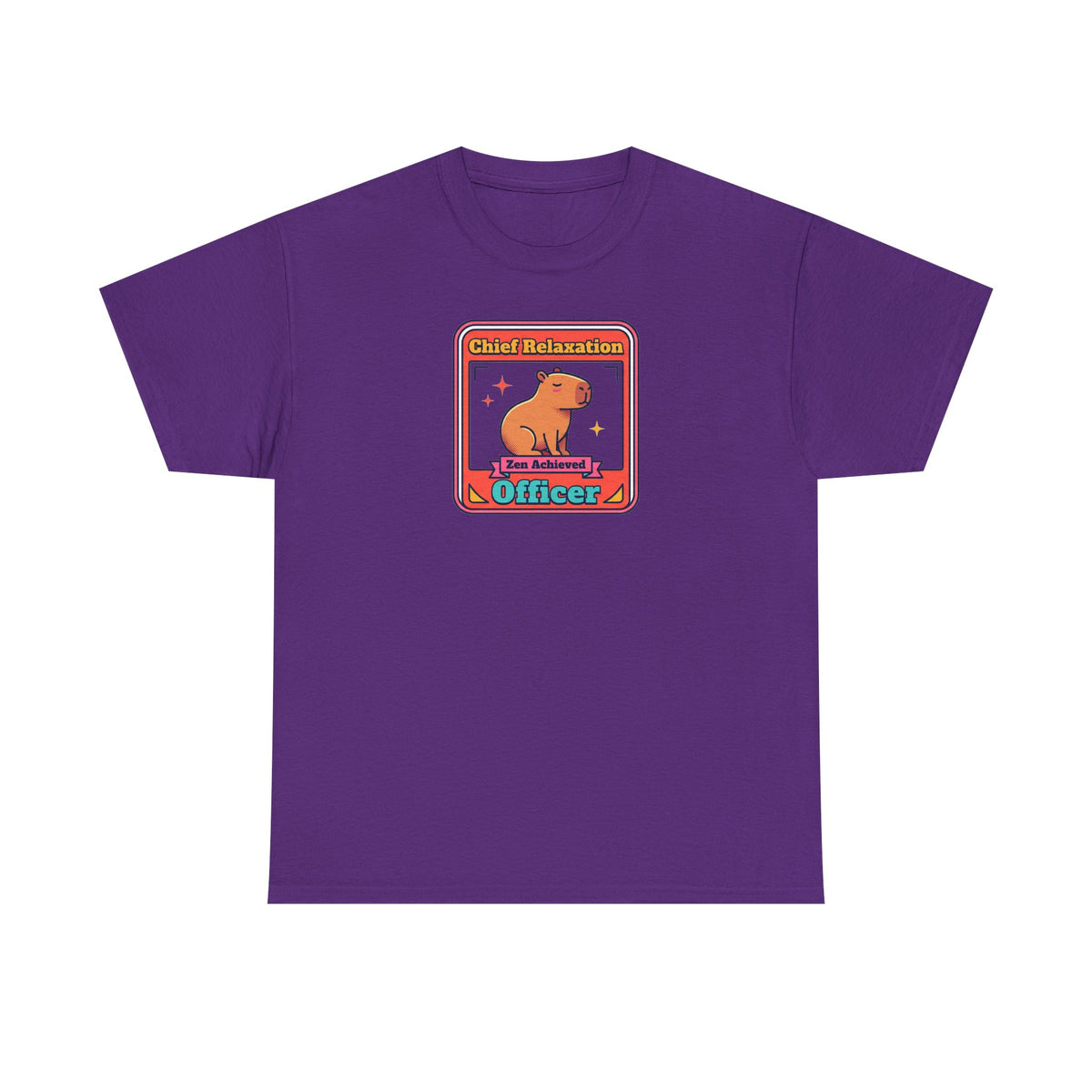 Purple t-shirt with framed capybara graphic reading “Chief Relaxation Officer”.