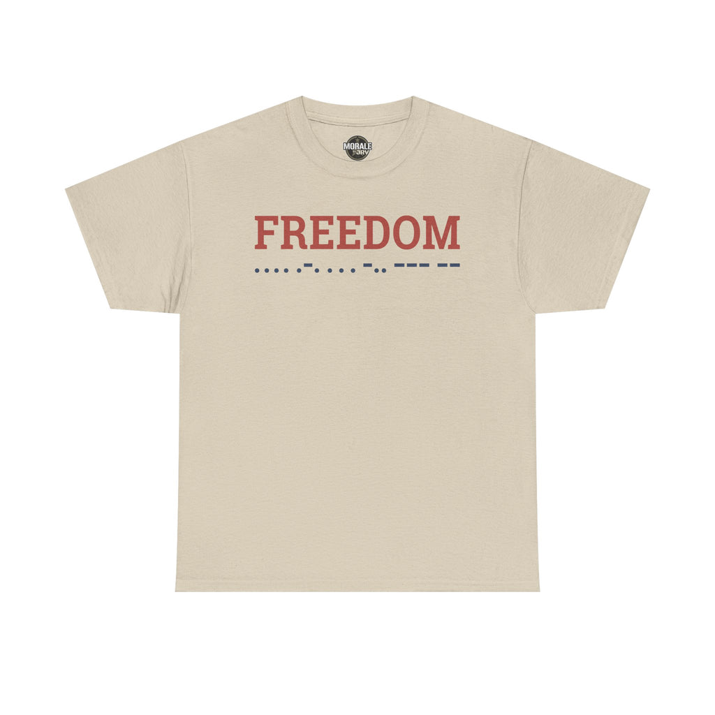 Freedom T-shirt, sand crewneck with 'FREEDOM' Morse code graphic