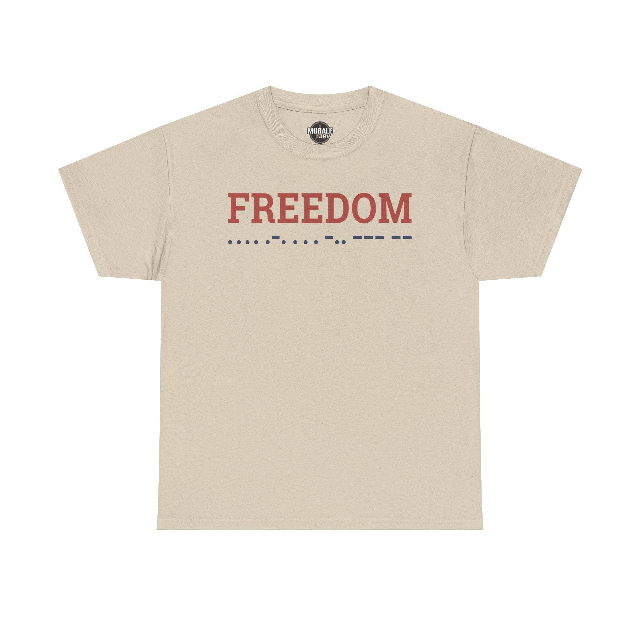 Freedom T-shirt, sand crewneck with 'FREEDOM' Morse code graphic