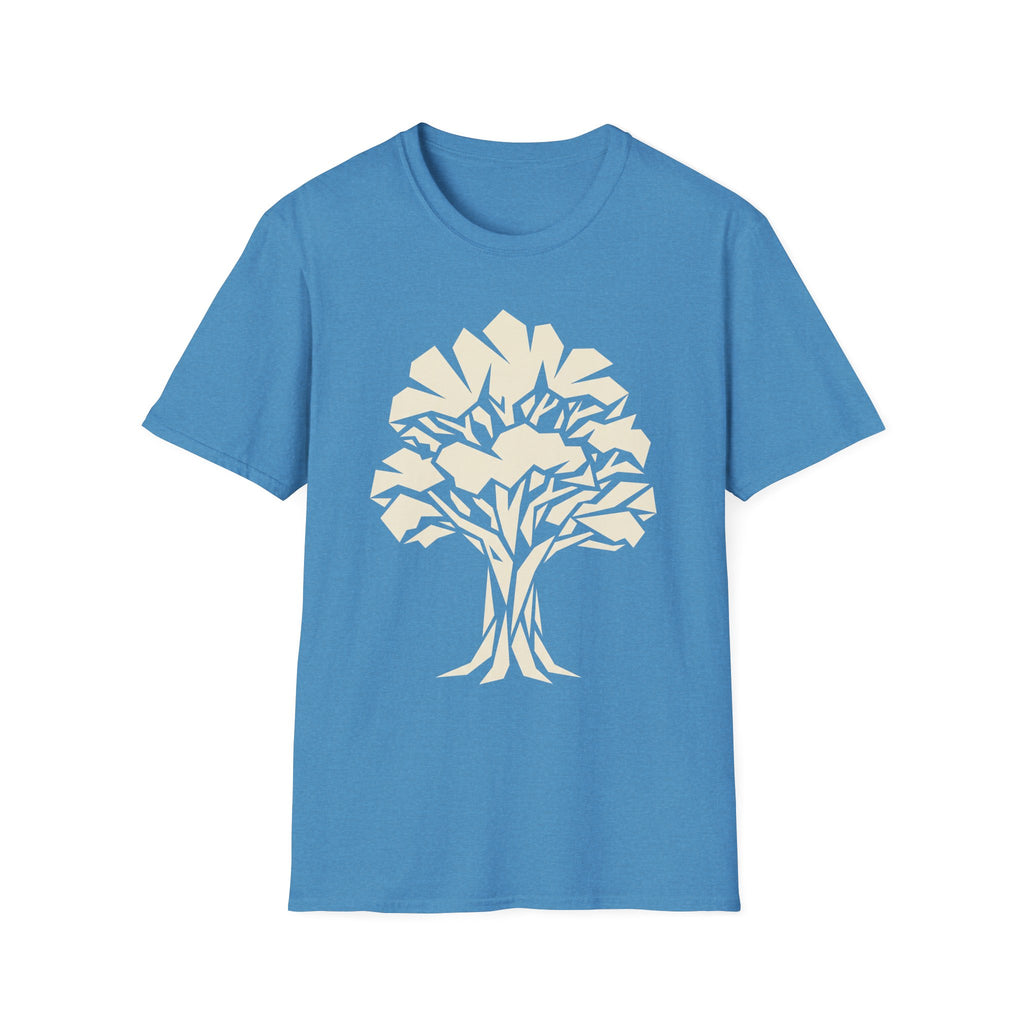 Blue t-shirt with light-colored geometric tree silhouette graphic on the front