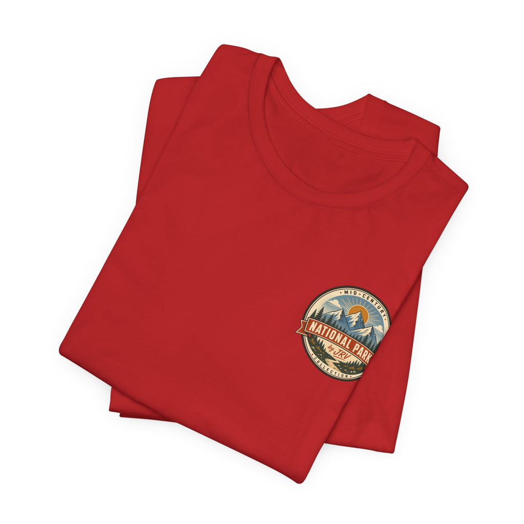 Red crew-neck T-shirt with round National Park badge graphic on the chest.