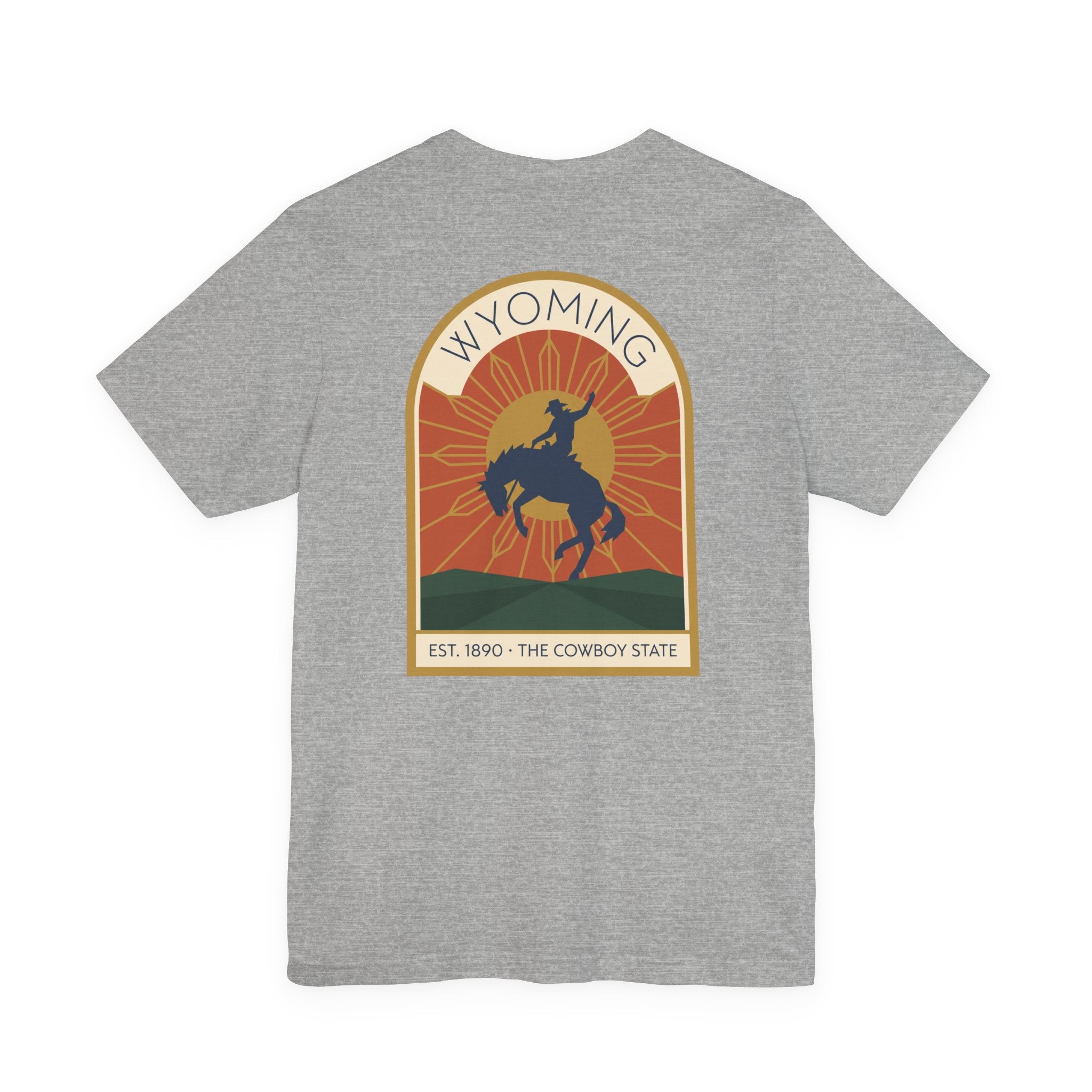 Dark grey heather T-shirt with Wyoming rodeo bucking bronco graphic on front