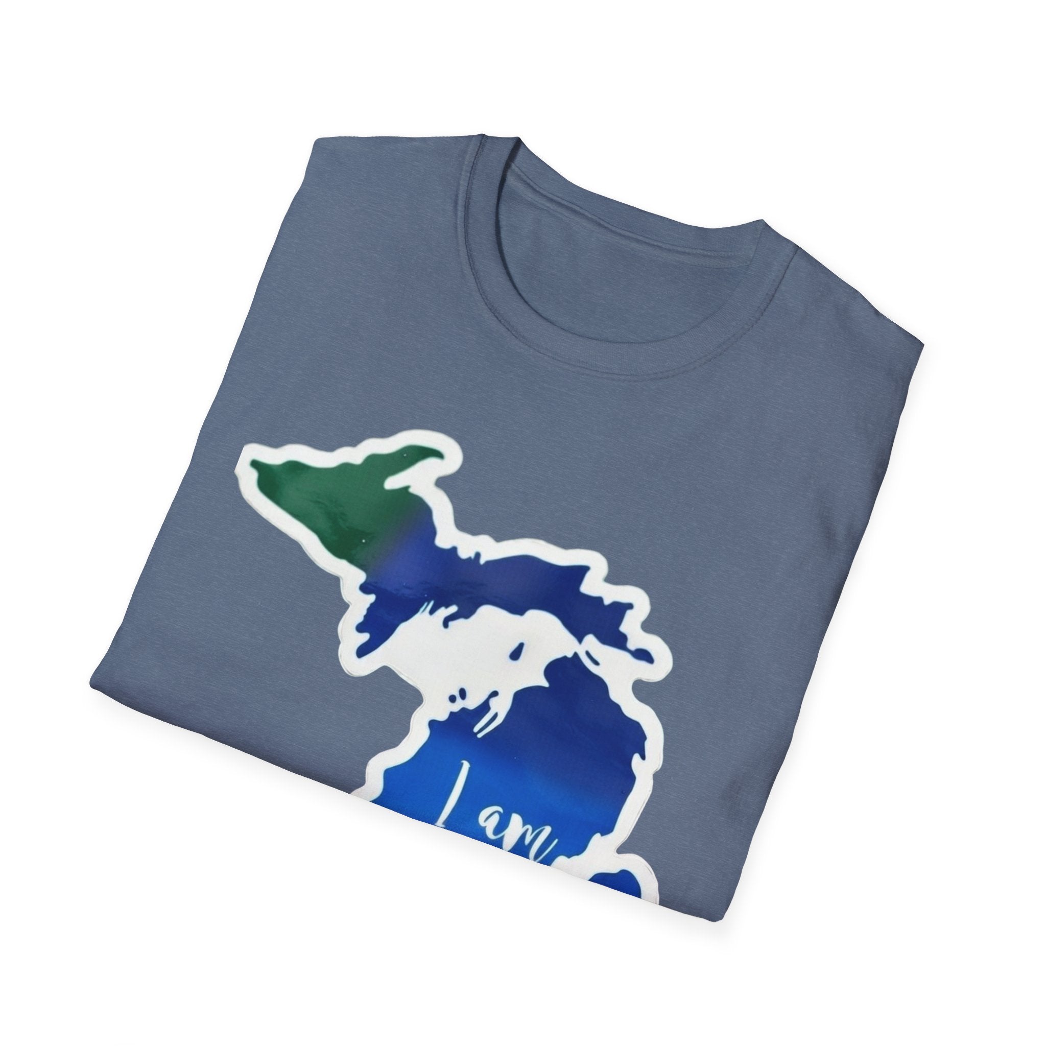 Blue-gray T-shirt folded view with Michigan map heart graphic