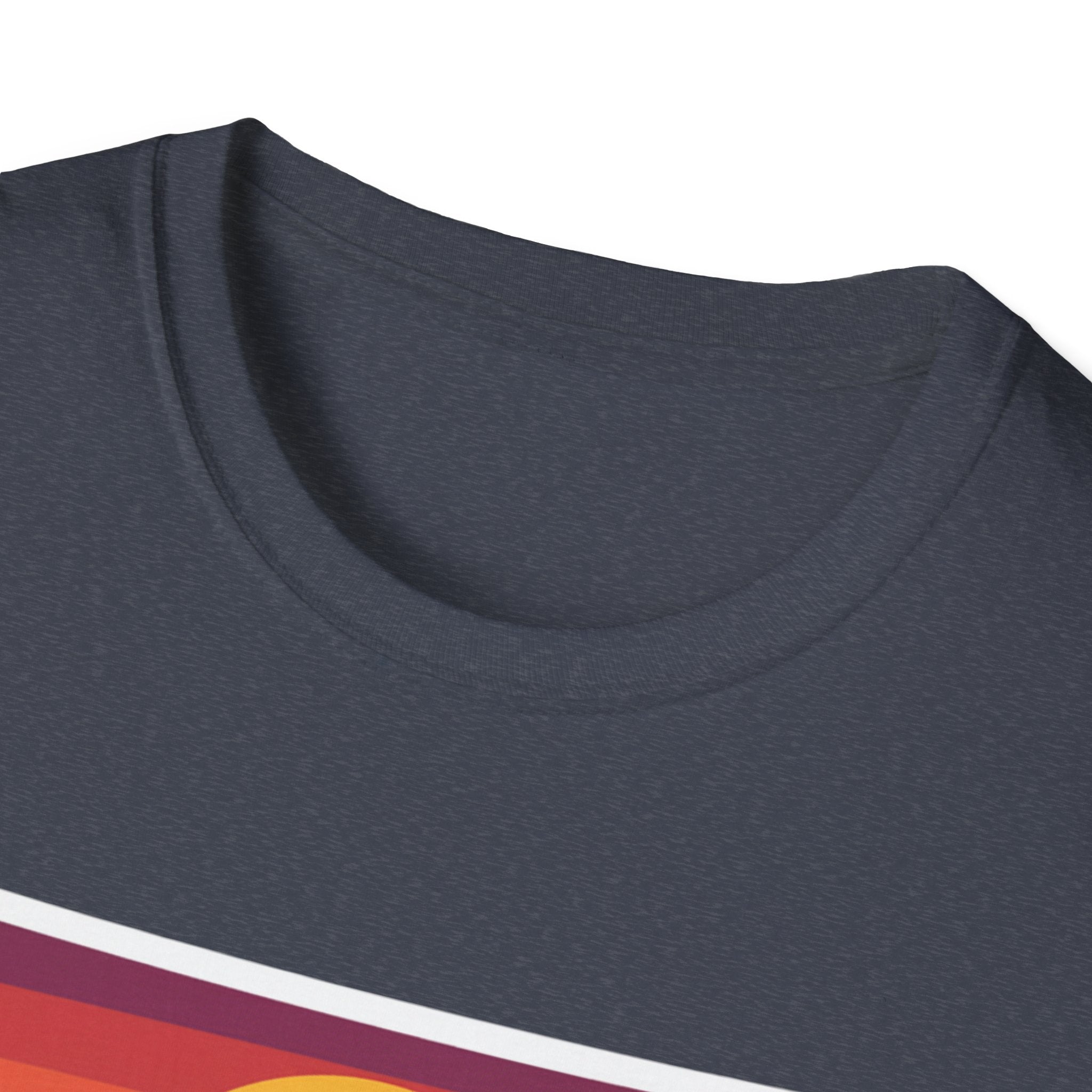 Heather dark blue T-shirt neckline and shoulder seam close-up