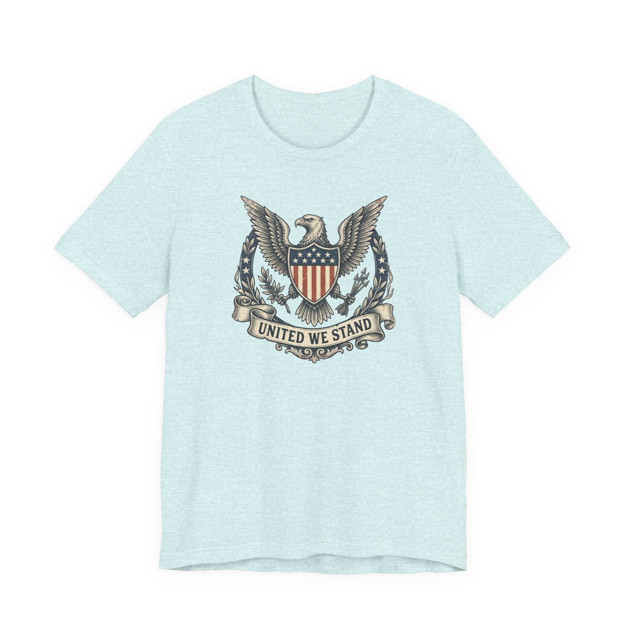 Light blue T-shirt with eagle shield crest graphic and "United We Stand" text