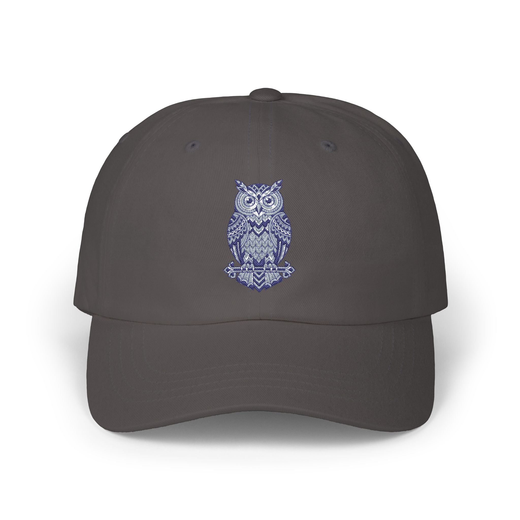 Dark gray owl-embroidered dad cap with curved brim and stitched crown vents