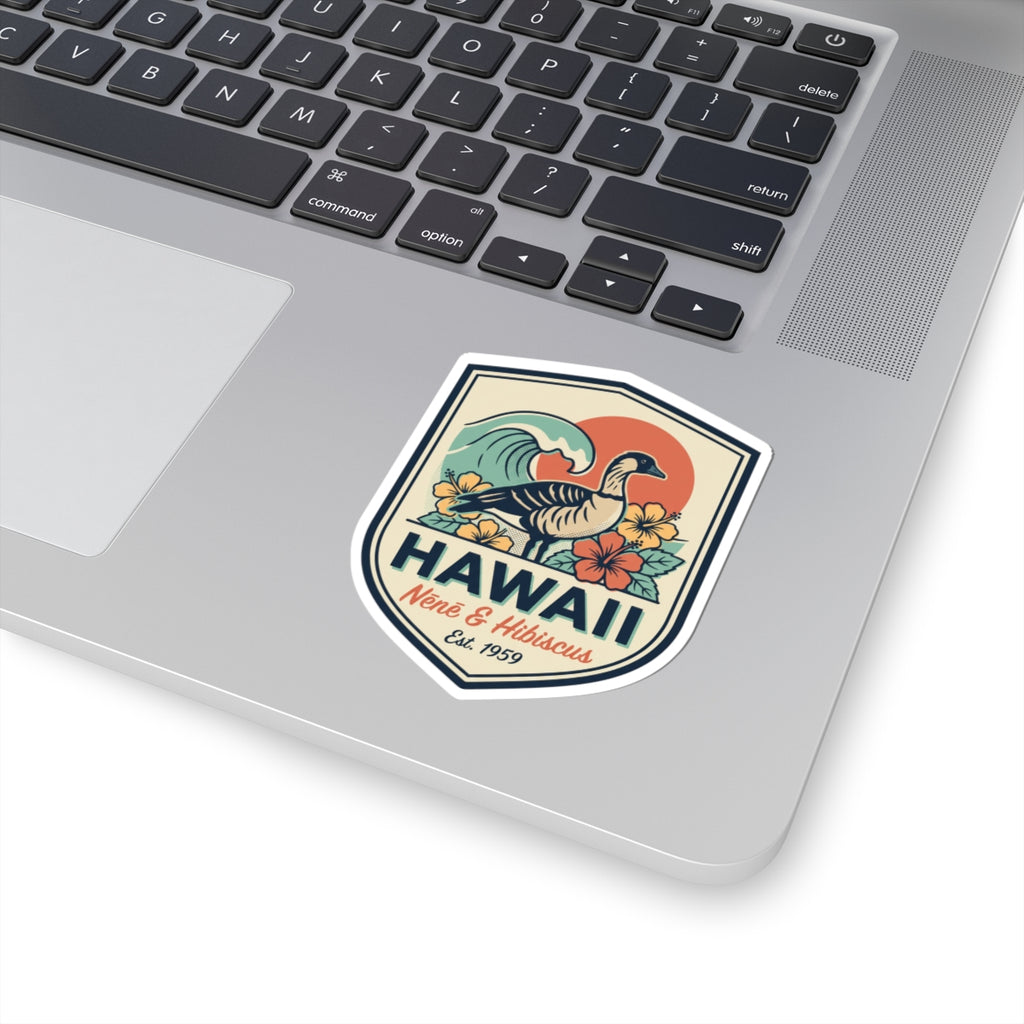 Hawaii Nene & Hibiscus kiss-cut vinyl sticker with bird, wave, and floral retro design