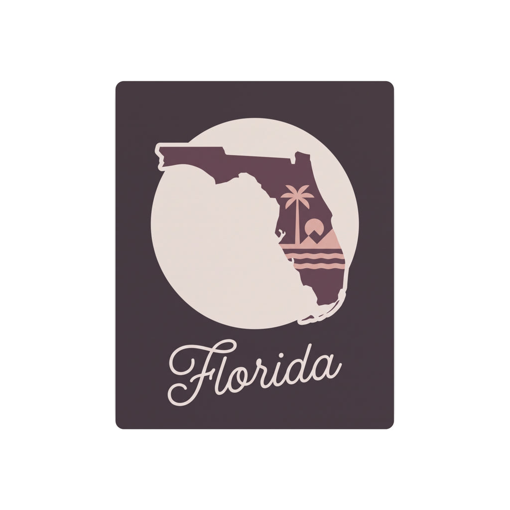 Dark purple square metal wall art with white Florida silhouette, palm accents, script Florida