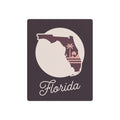 Dark purple square metal wall art with white Florida silhouette, palm accents, script Florida