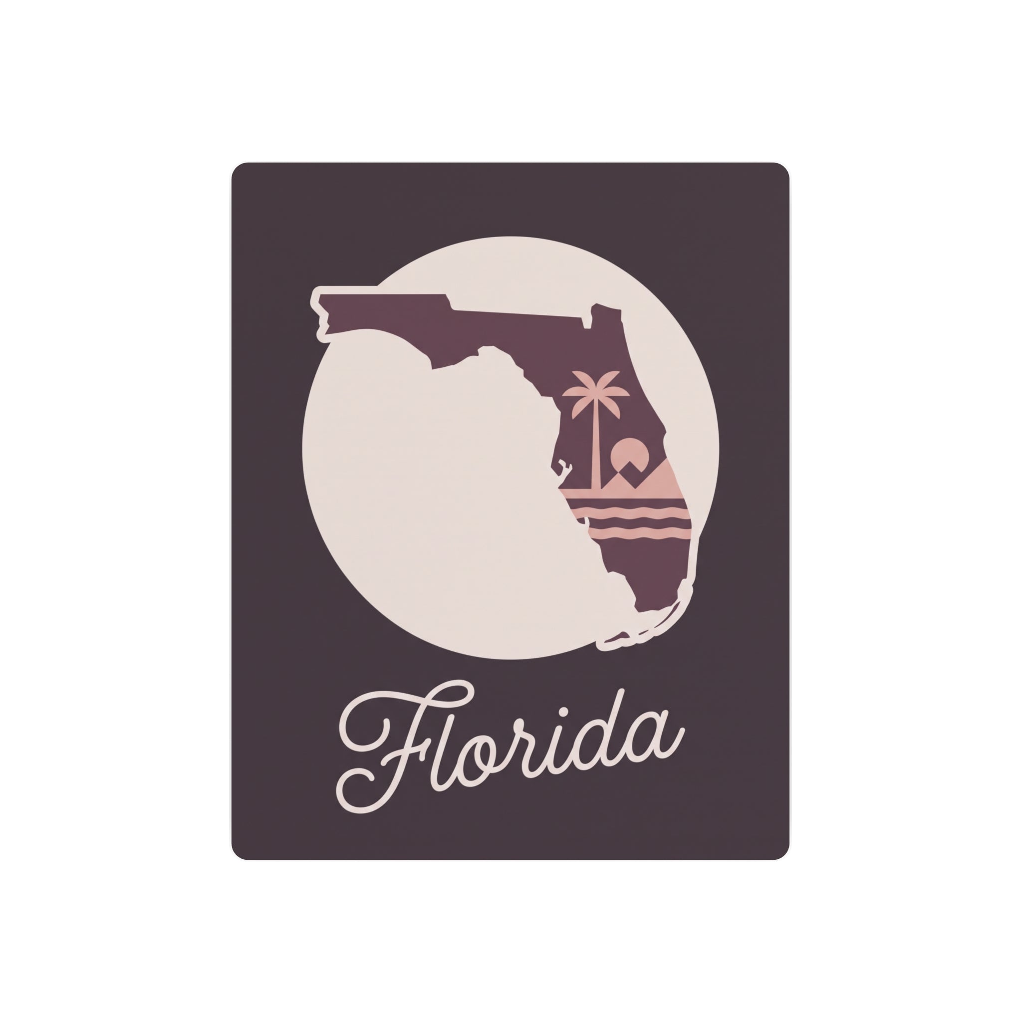 Dark purple square metal wall art with white Florida silhouette, palm accents, script Florida