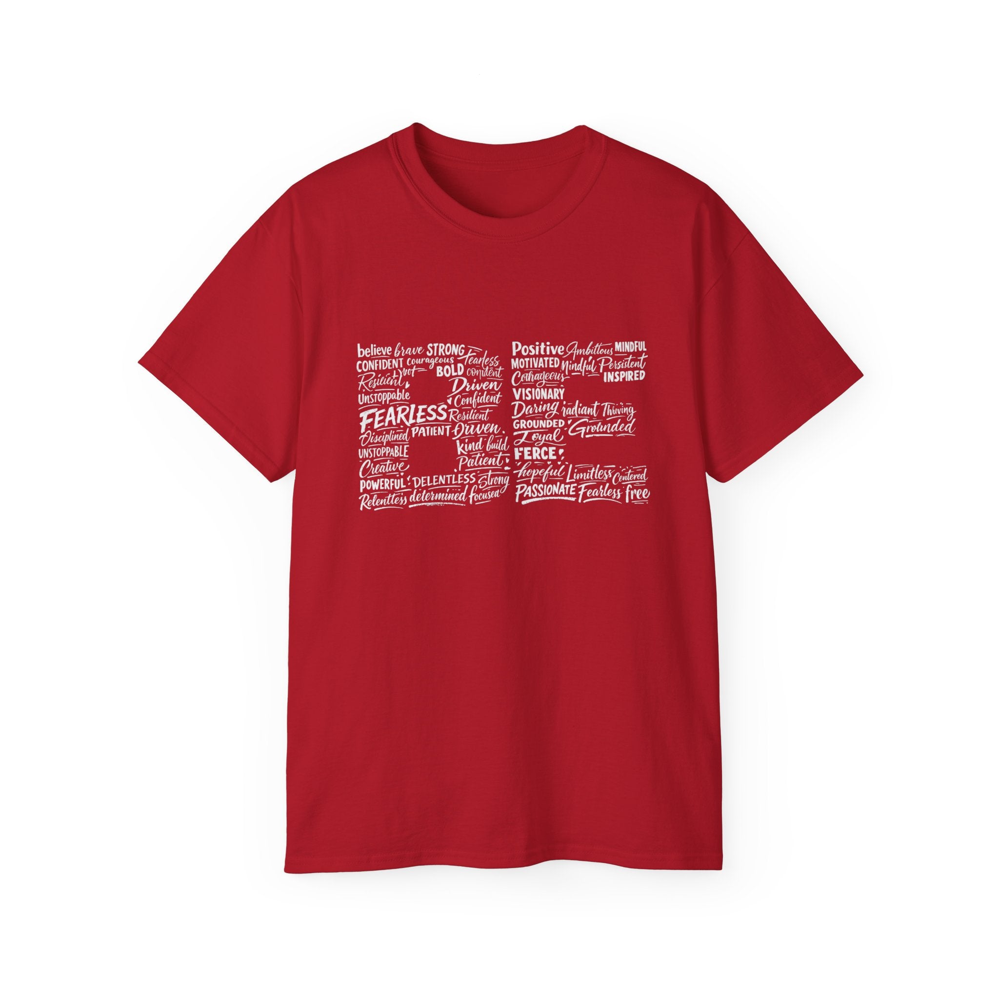 Cherry Red Life word cloud graphic tee with colorful inspirational typography
