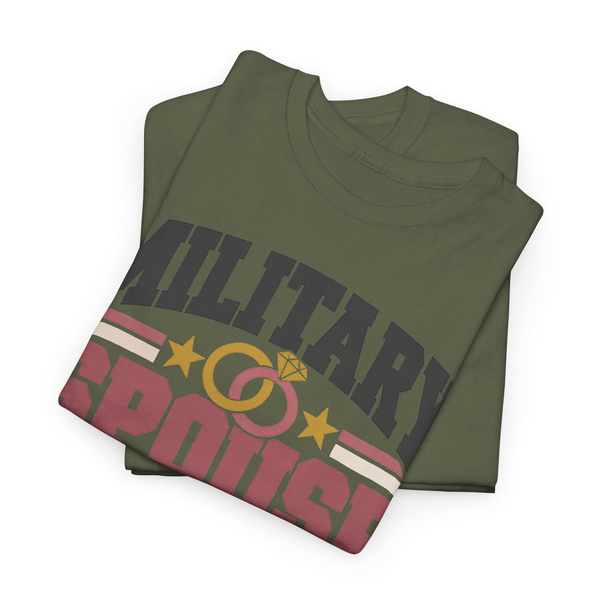 Unisex graphic T-shirt, olive green, folded front shows patriotic stars graphic