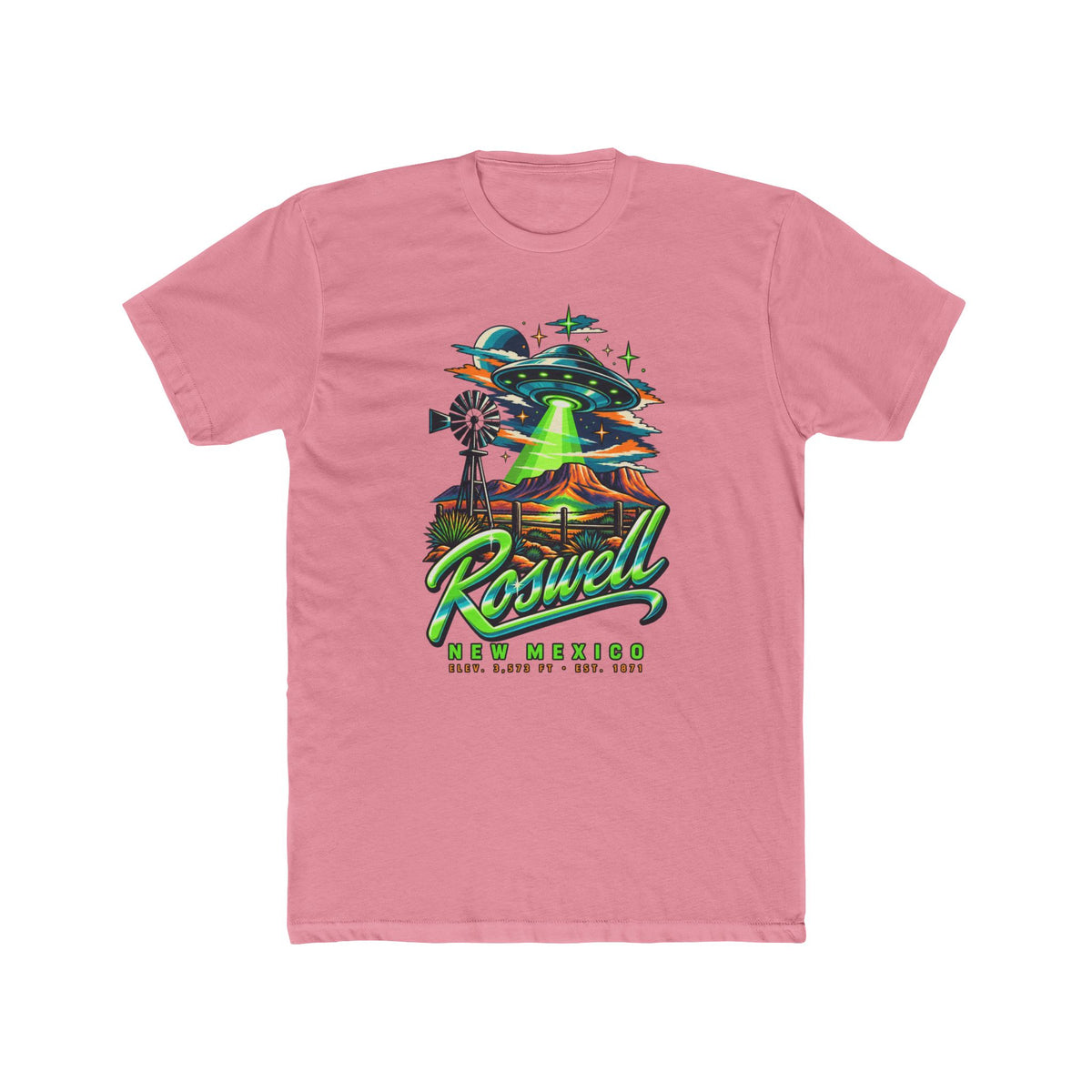 Light pink graphic t-shirt with UFO, rainbow light beam, and Roswell New Mexico text