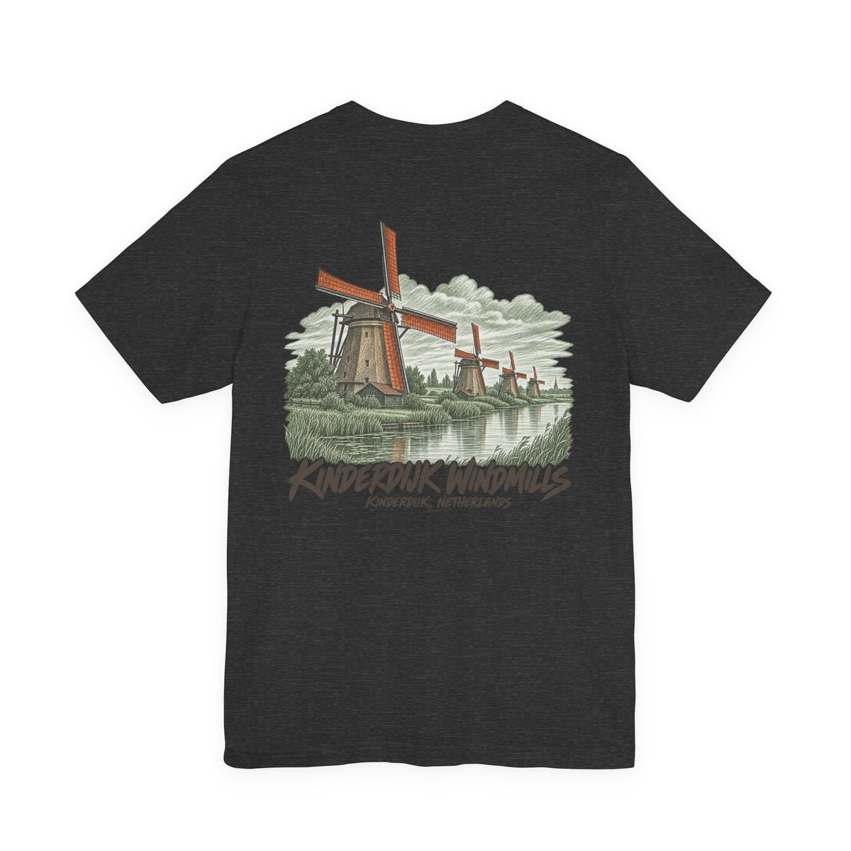 Black crew-neck t-shirt with colorful windmill landscape front graphic