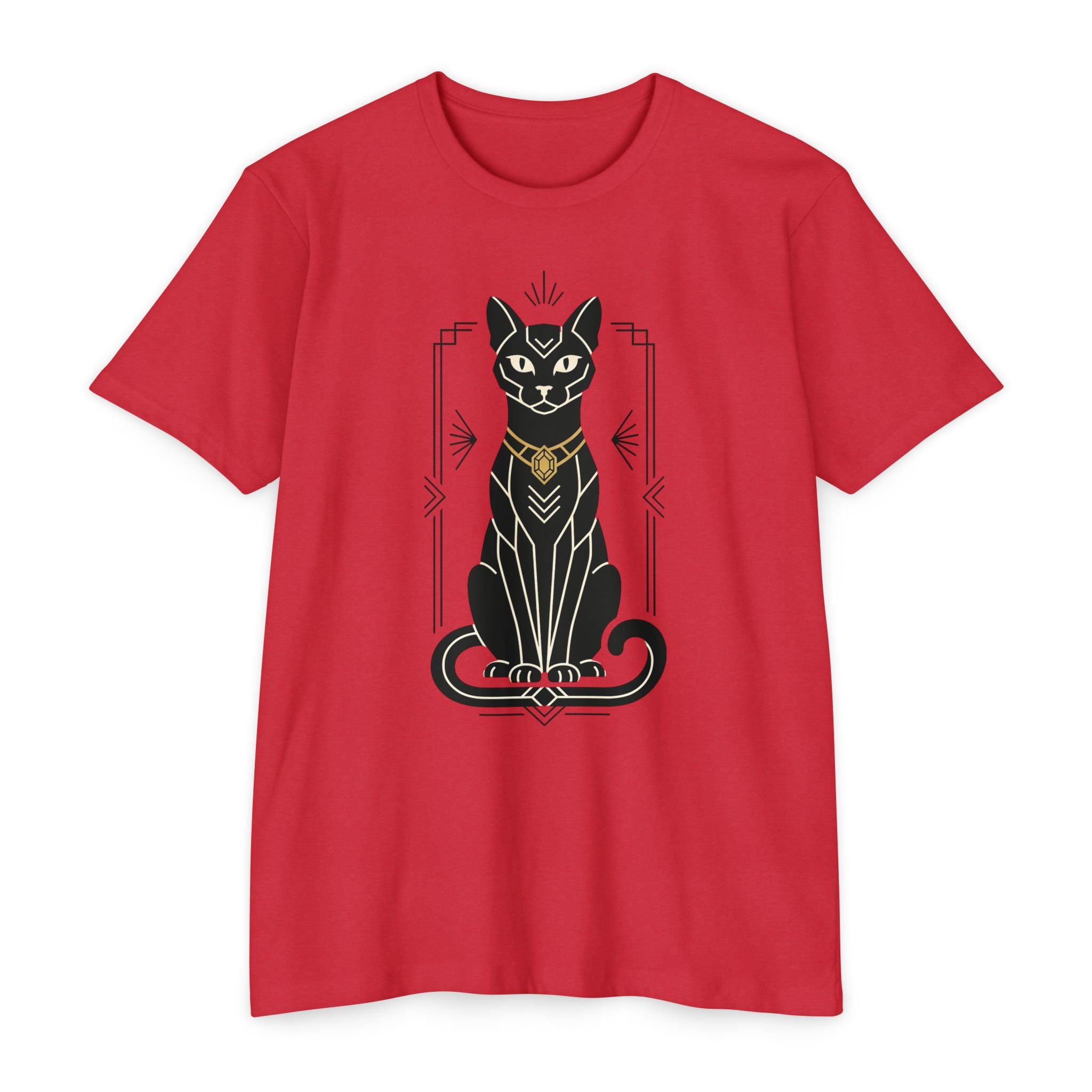 Red cat graphic t-shirt with standing Egyptian cat illustration on front