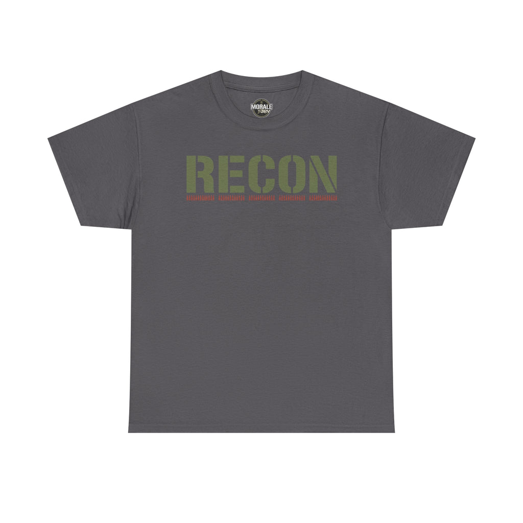 Dark gray T-shirt with RECON stencil graphic and green camo-style lettering