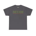 Dark gray T-shirt with RECON stencil graphic and green camo-style lettering