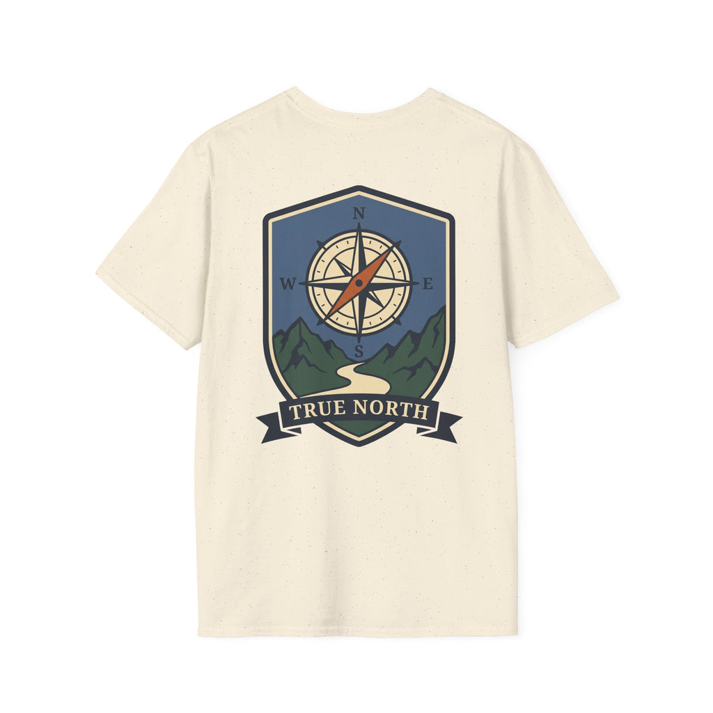 Natural compass shield T-shirt with illustrated compass rose, mountains, and banner text